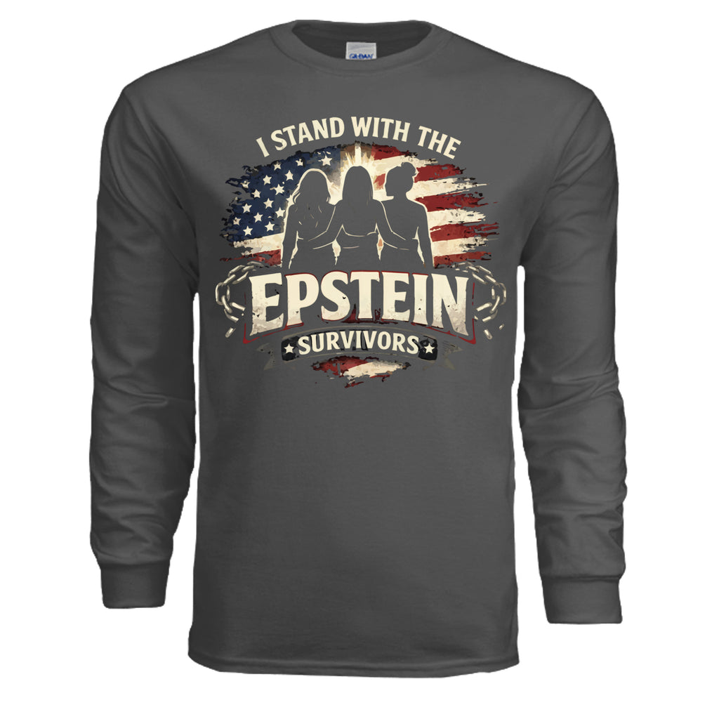 Epstein Survivors Long Sleeve Shirt featuring three silhouettes before a distressed US flag and EPSTEIN SURVIVORS text.
