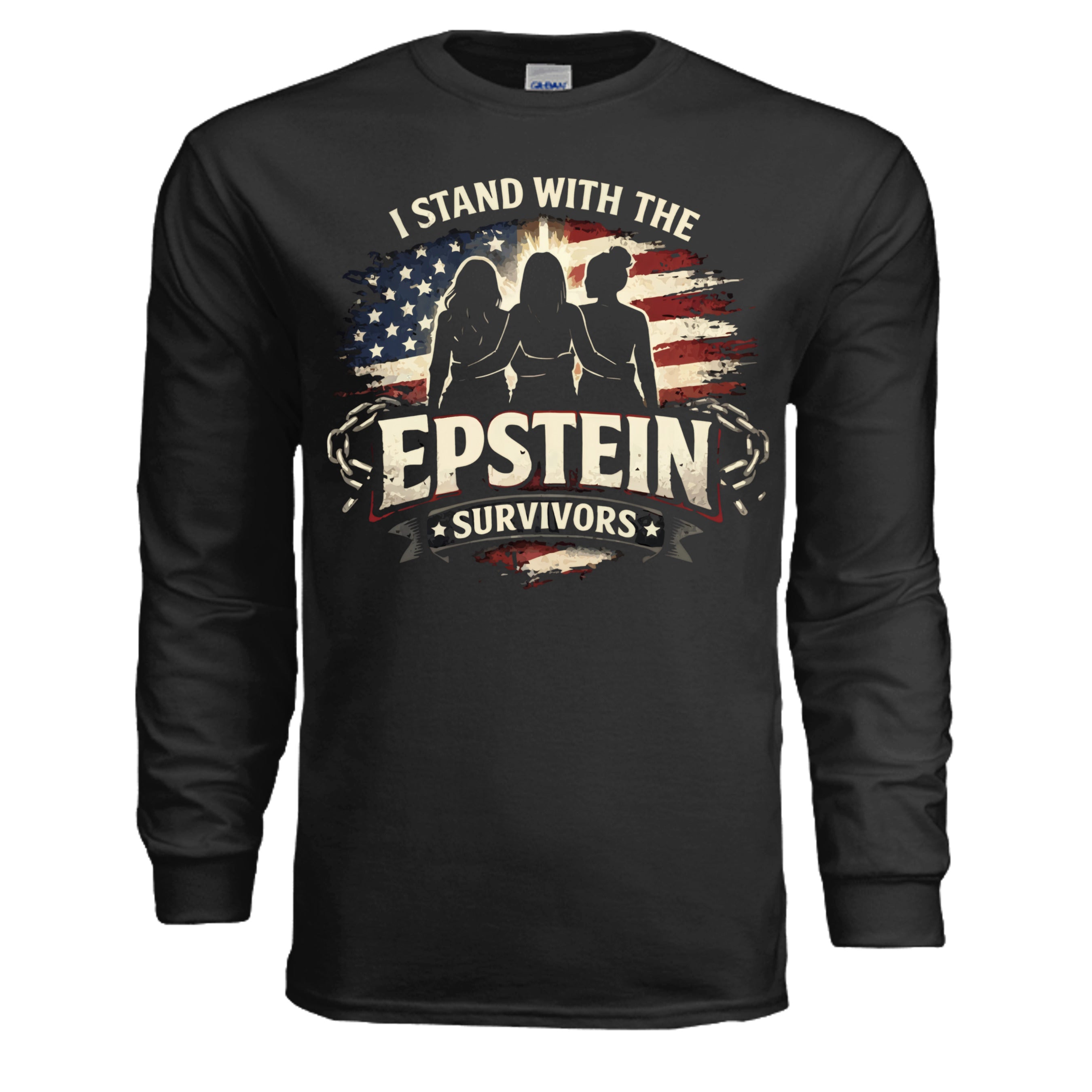 Epstein Survivors long-sleeve shirt featuring three silhouettes over a distressed American flag background