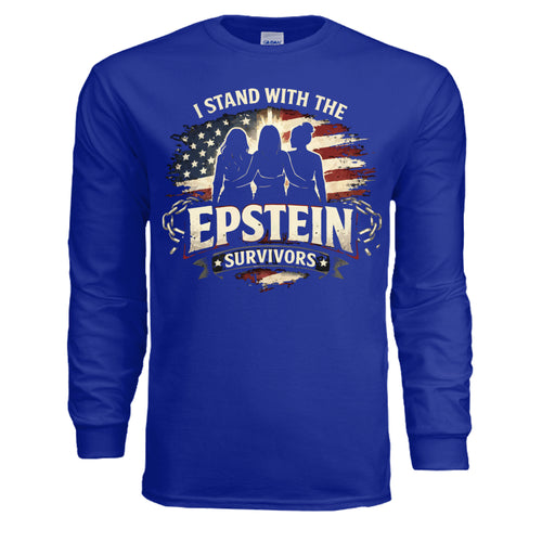 Epstein Survivors Long Sleeve Shirt in blue with three silhouettes and American flag motif