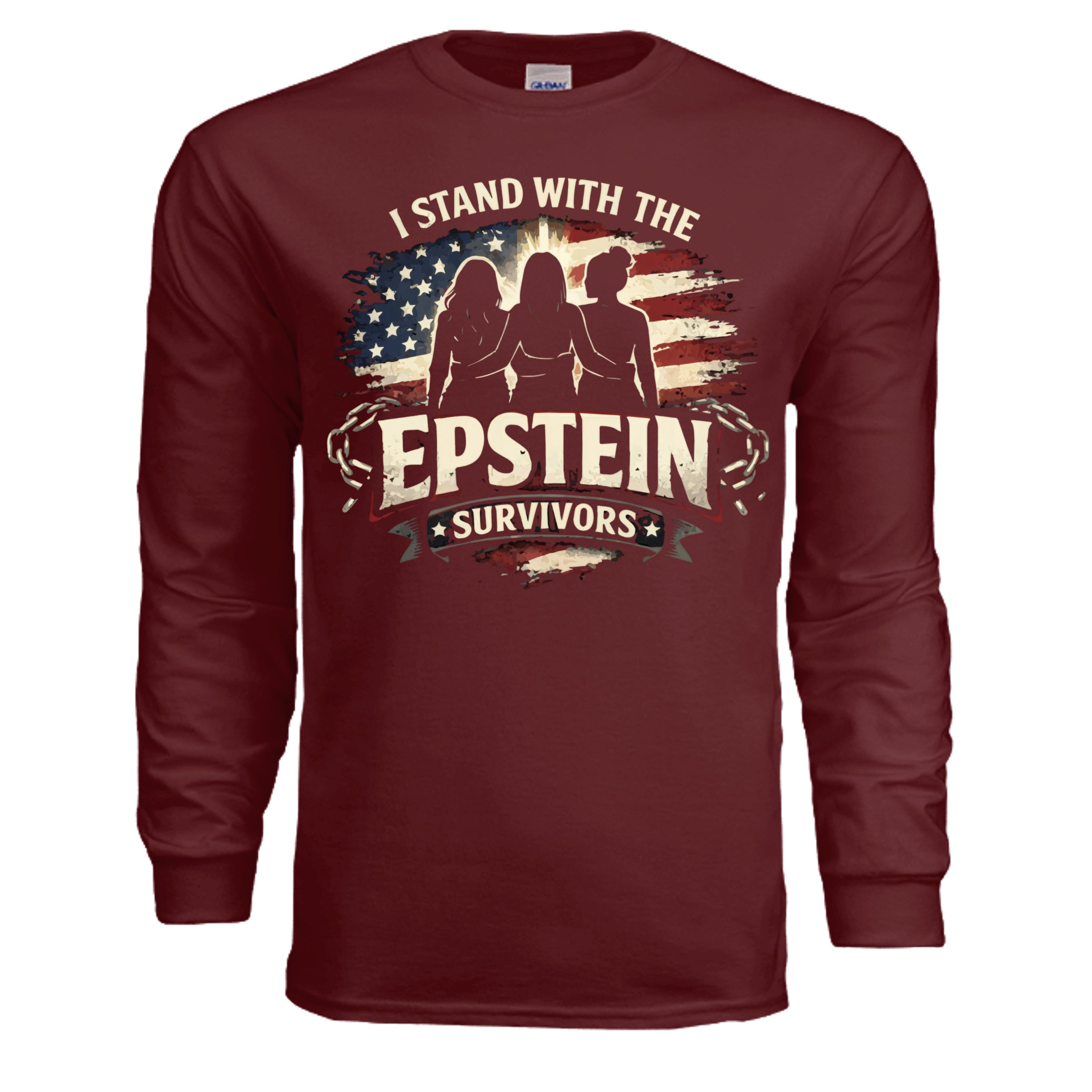 Epstein Survivors Long Sleeve Shirt on maroon Gildan G240, distressed USA flag with three silhouettes.