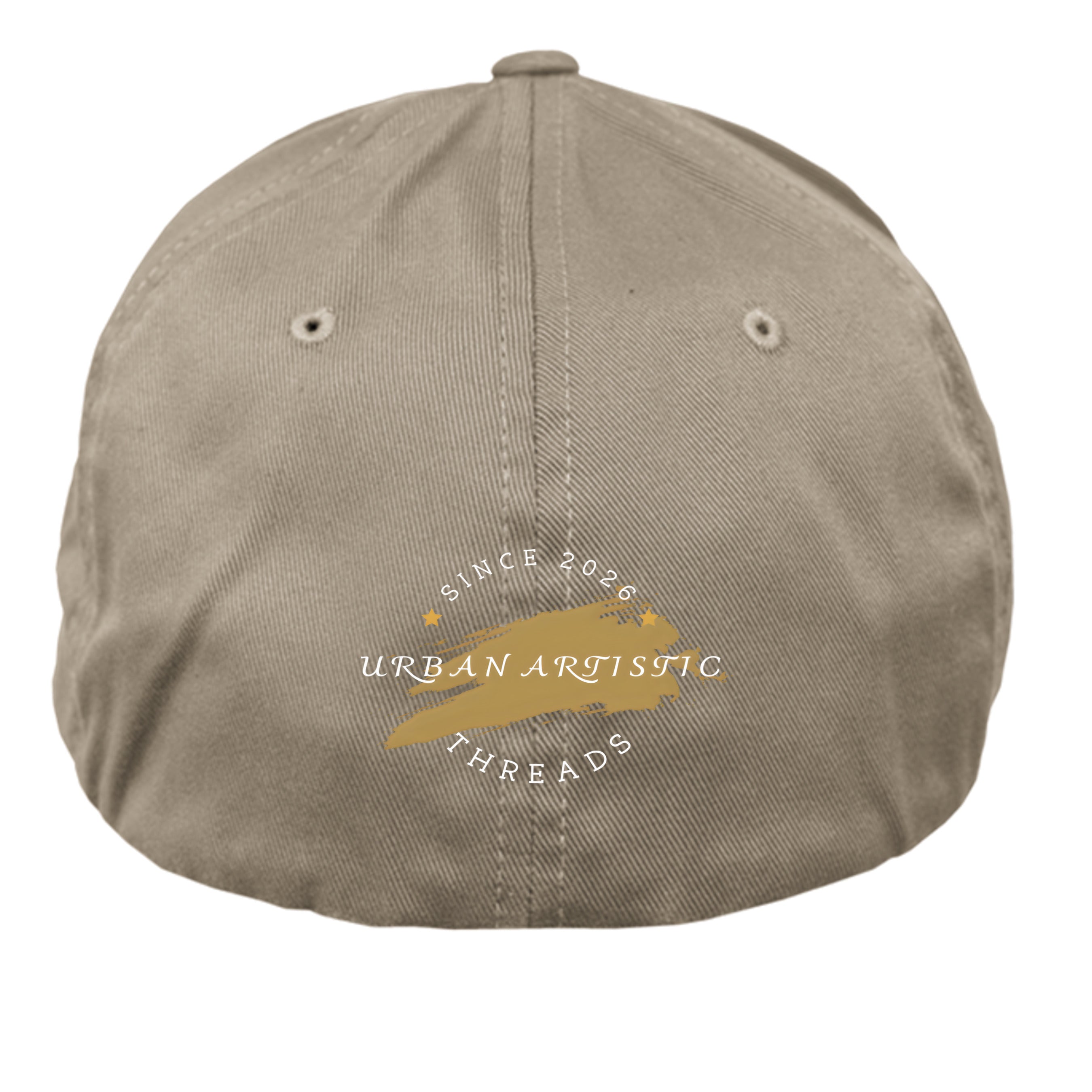 Back view of beige 6-panel cap featuring Urban Artistic Threads circular logo with white text and gold brush stroke.