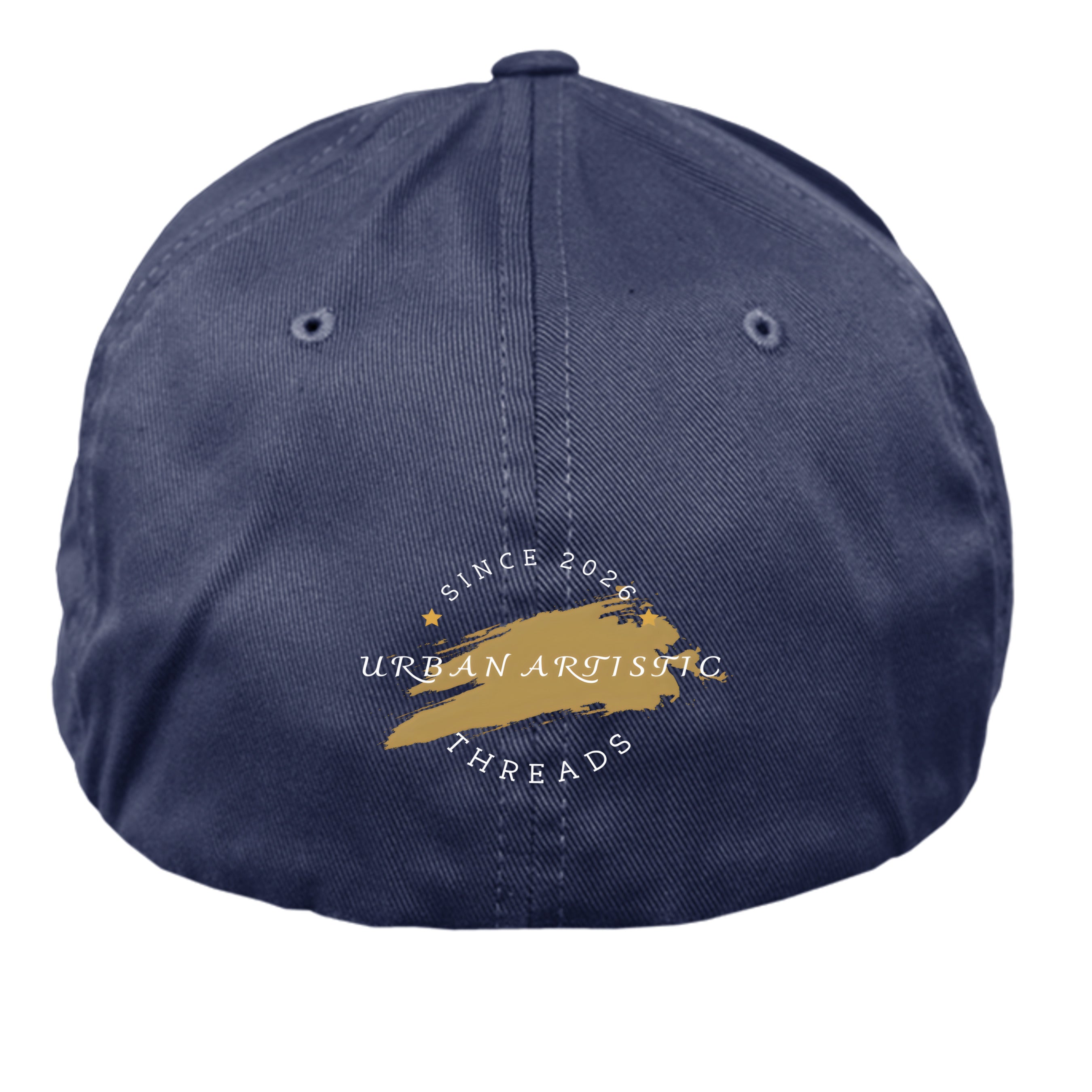 Prison Reform Hat White Text on navy 6-panel cap with urban artistic threads logo and gold brush stroke