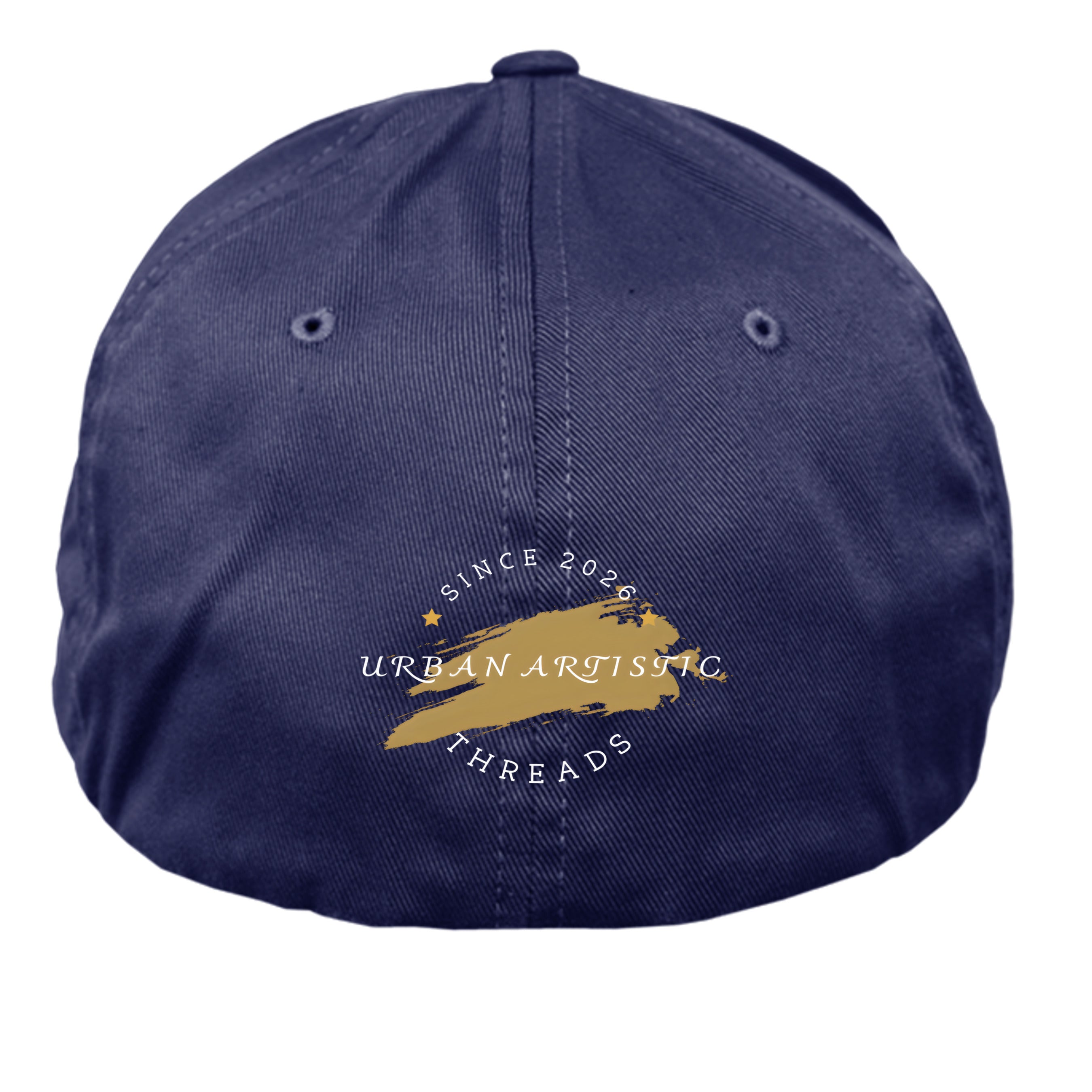 Navy 6-panel cap with gold brush stroke logo and white 'Urban Artistic Threads' text.