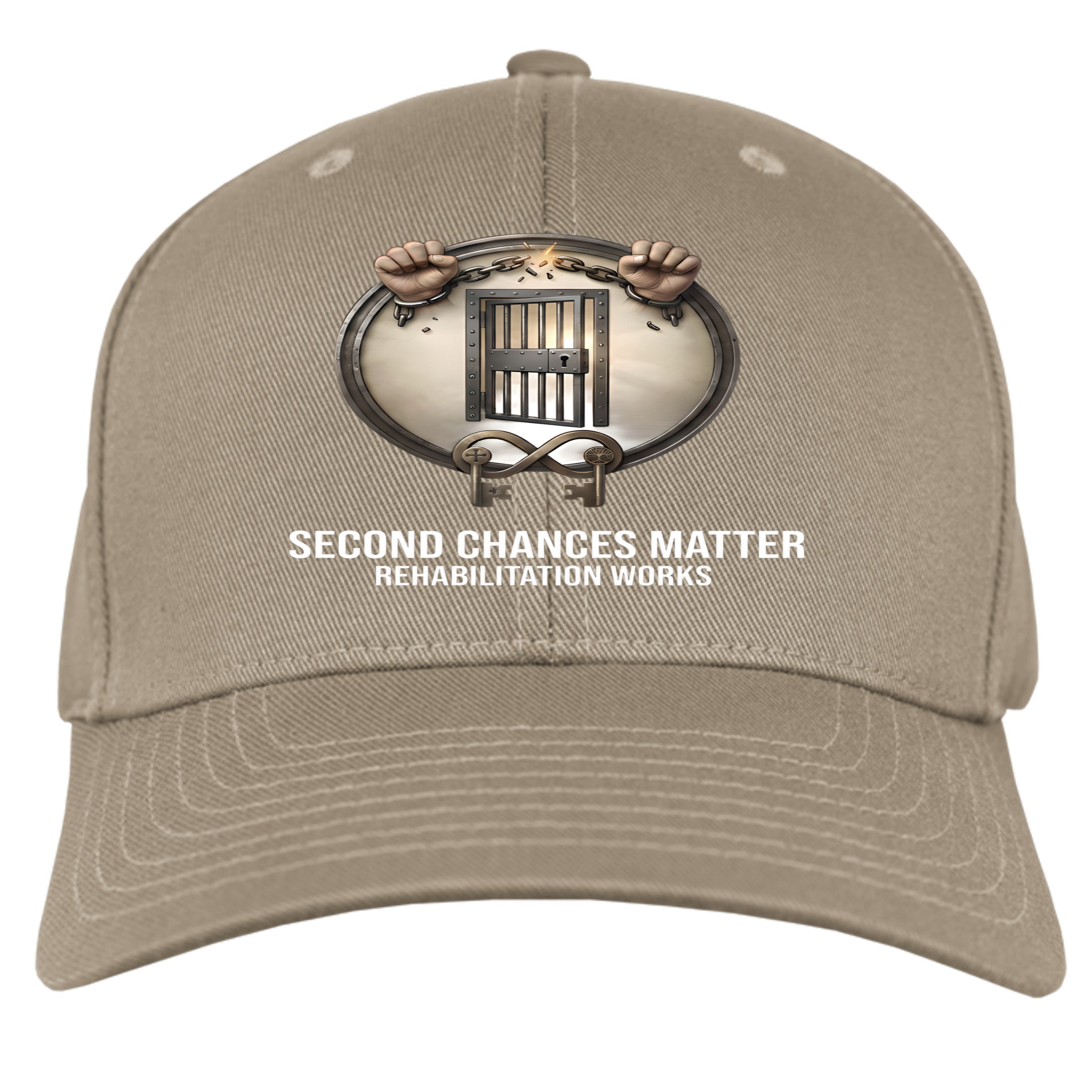 Beige Prison Reform hat with circular badge of jail bars and white SECOND CHANCES MATTER text.
