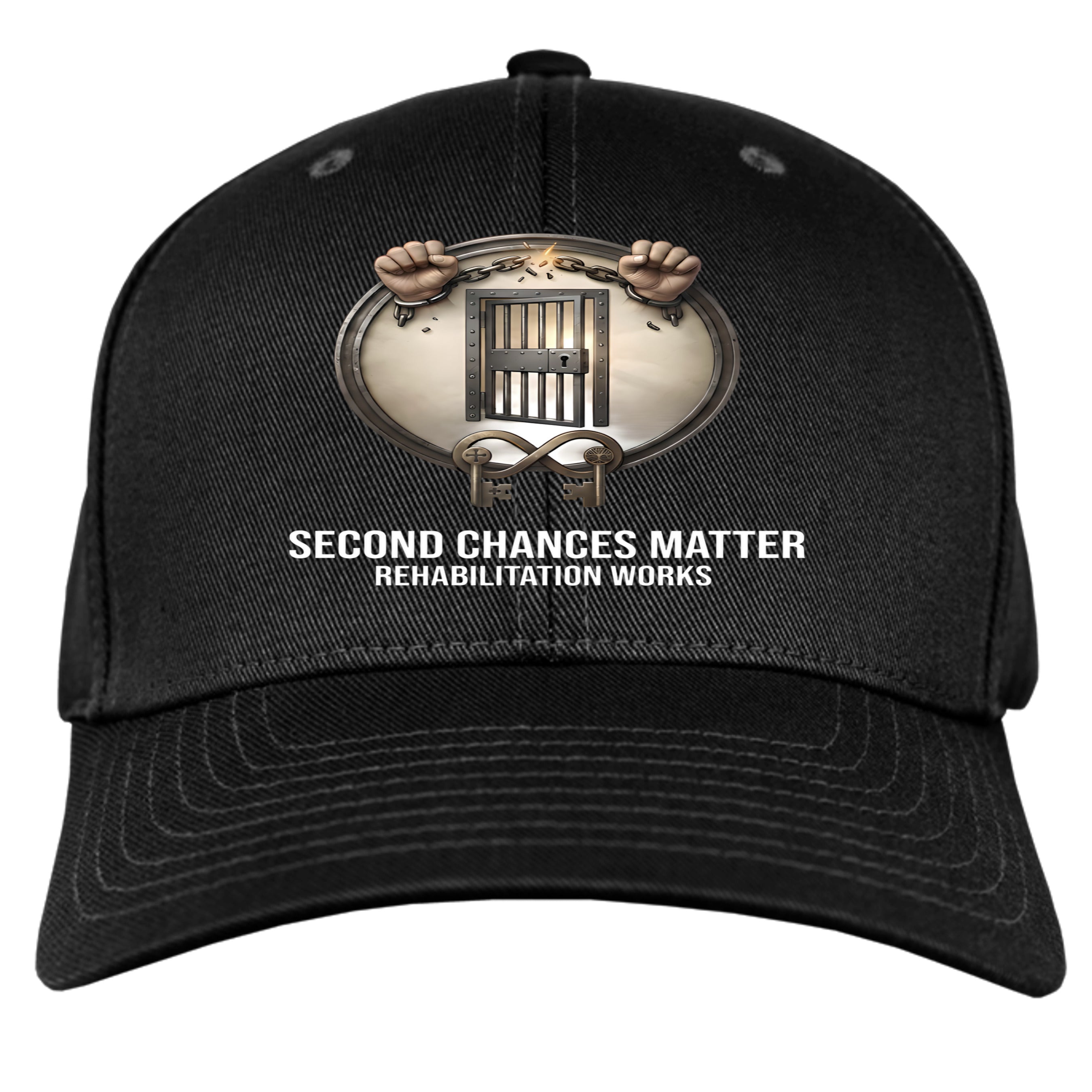 Black cap with circular prison reform emblem, hands and jail bars; Second Chances Matter — Rehabilitation Works.