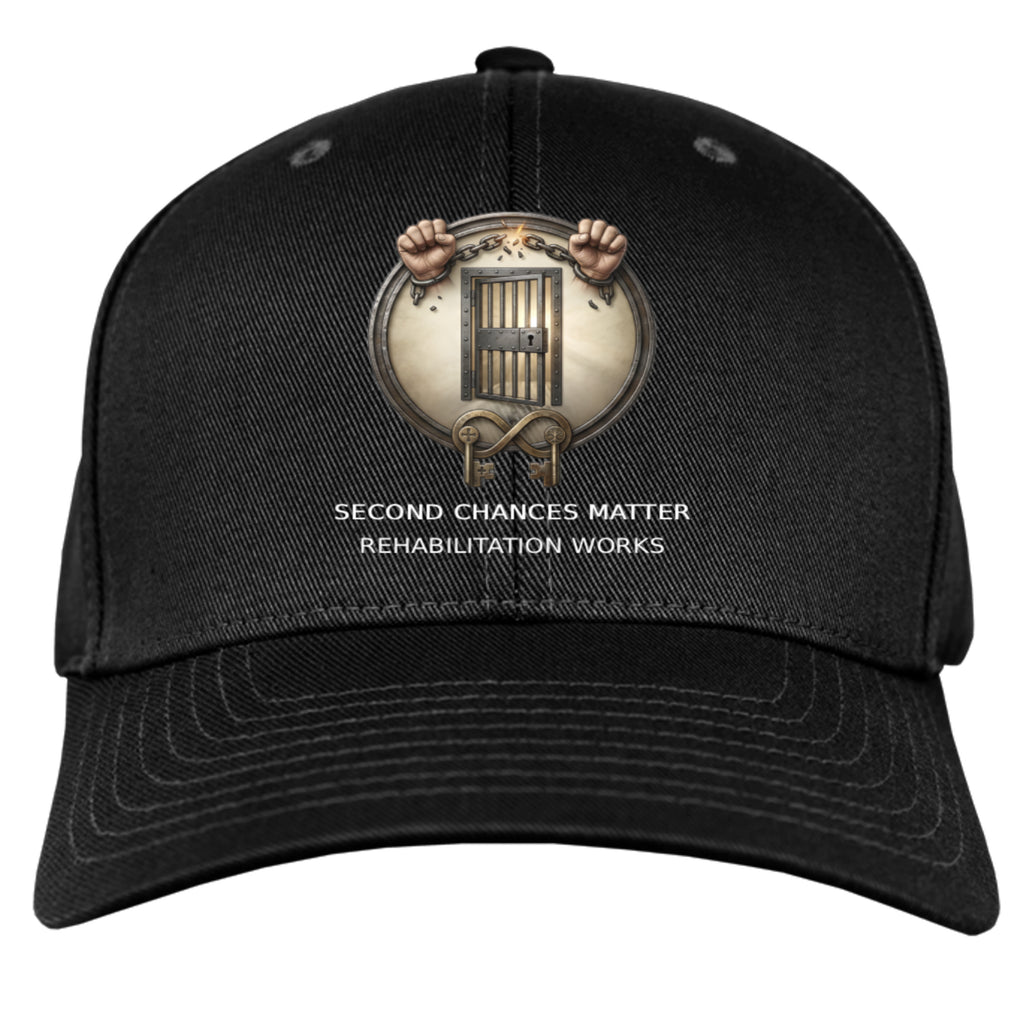Black cap featuring a circular badge of chained hands breaking free and Second Chances Matter text.