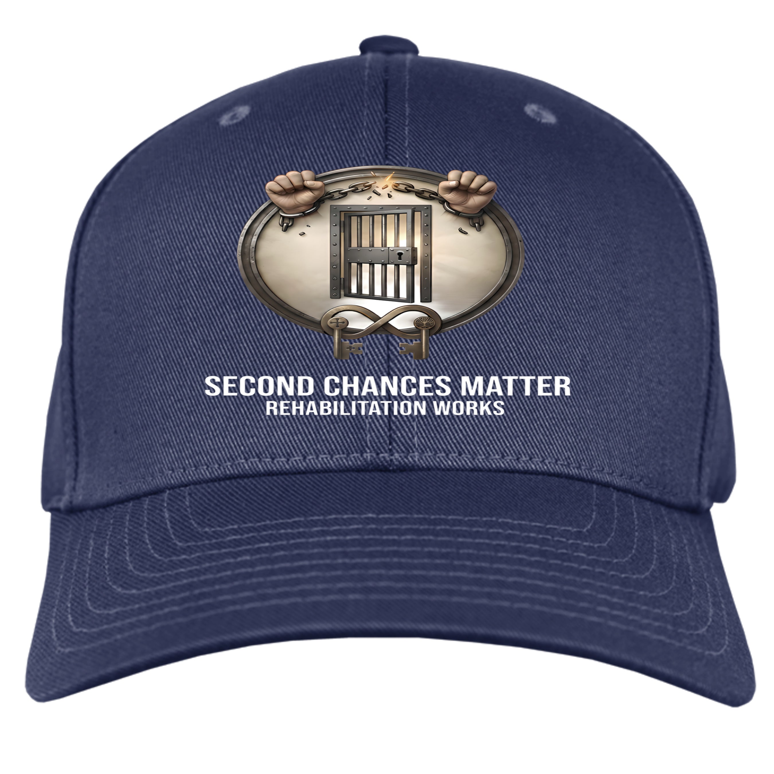 Navy 6-panel cap with circular prison door emblem and white text SECOND CHANCES MATTER REHABILITATION WORKS