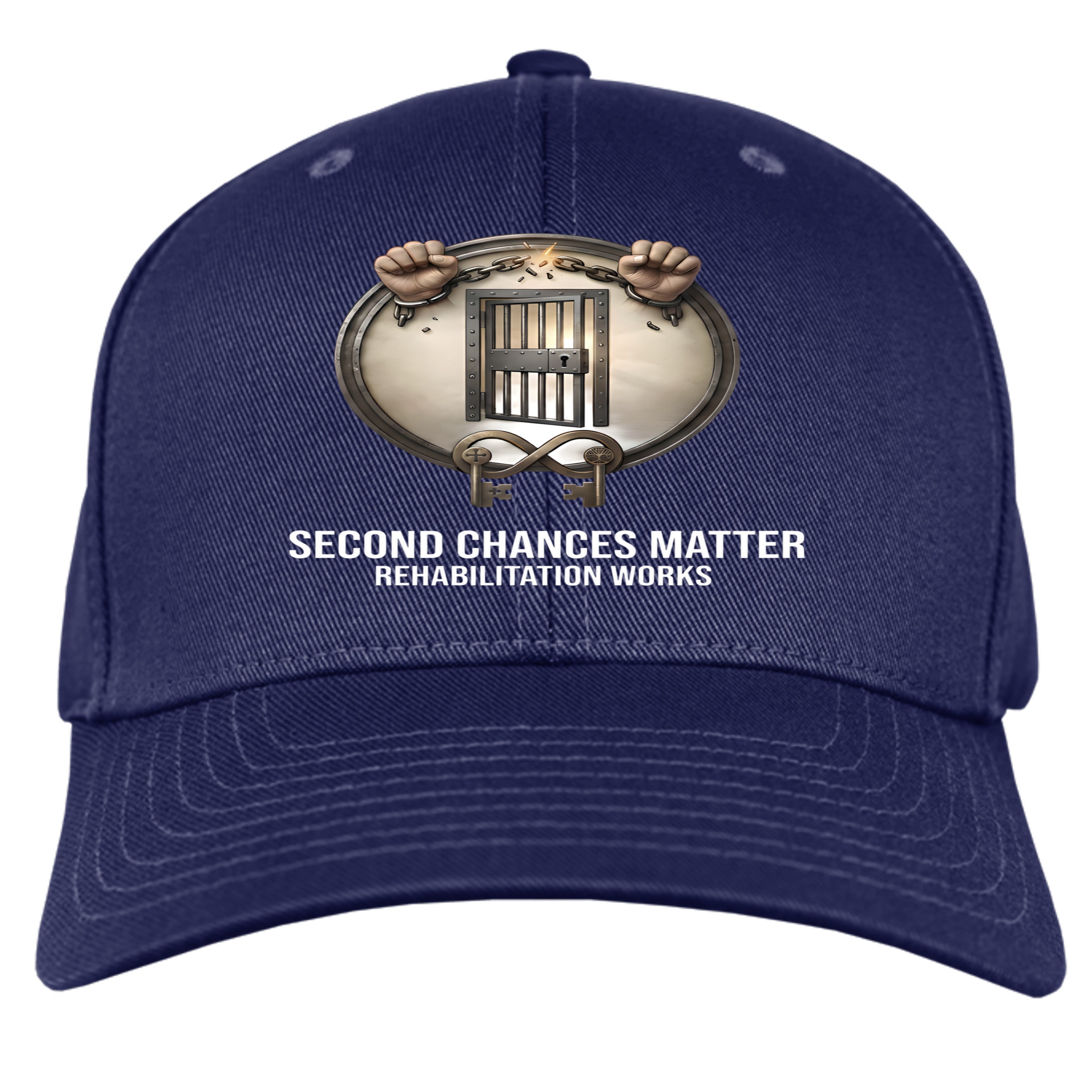 Navy 6-panel cap with jail emblem, handcuffs, and keys, white text SECOND CHANCES MATTER REHABILITATION WORKS