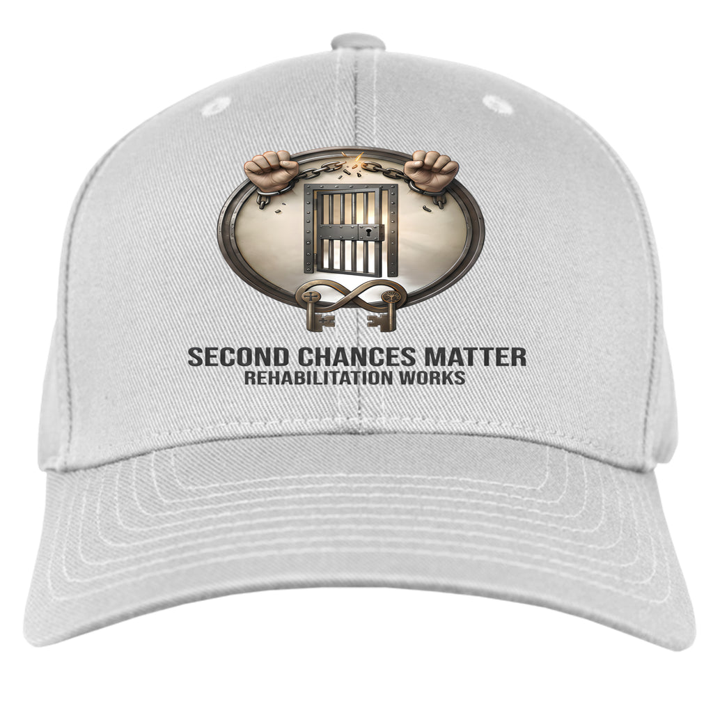 Gray six-panel fitted cap featuring Second Chances Matter Rehabilitation Works logo with handcuffs and jail bars
