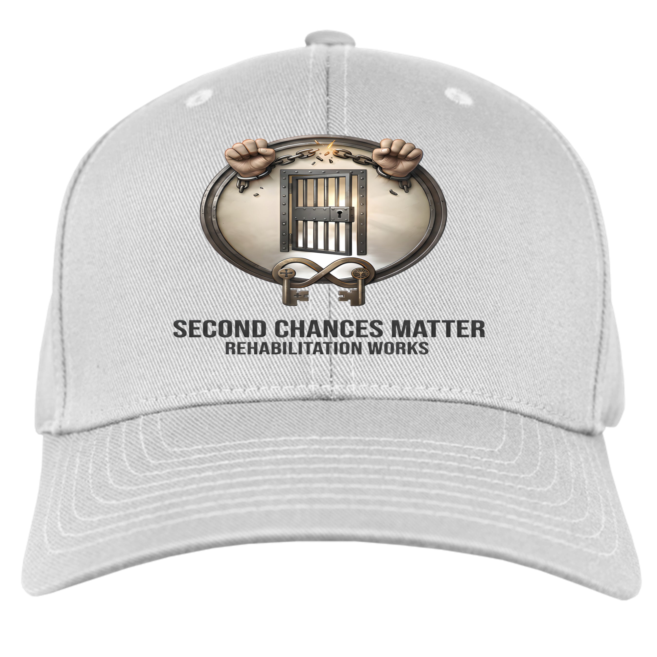 Gray six-panel fitted cap featuring Second Chances Matter Rehabilitation Works logo with handcuffs and jail bars