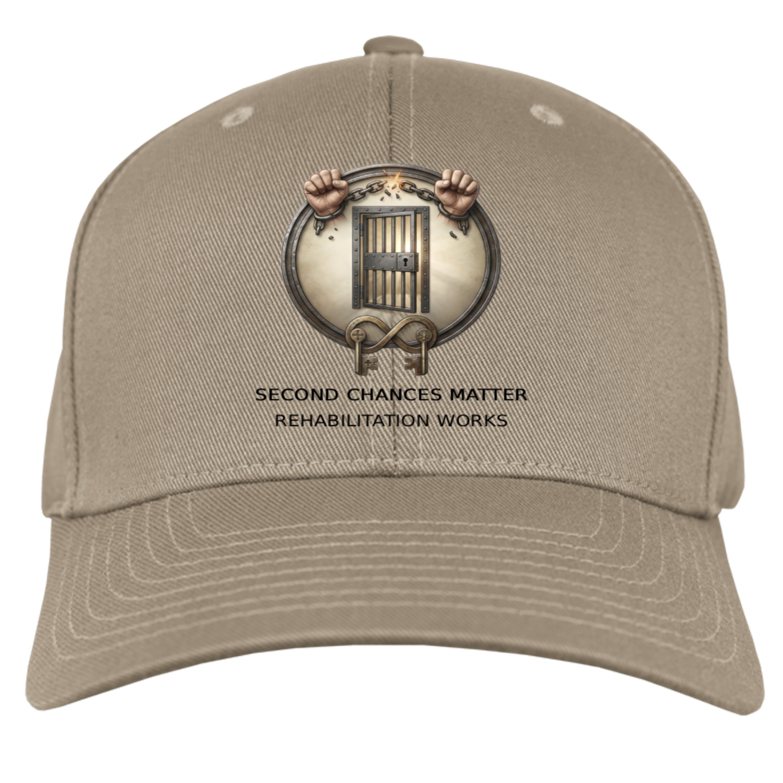Tan rehab advocacy cap with a jail-bar emblem featuring hands and slogan Second Chances Matter in black text