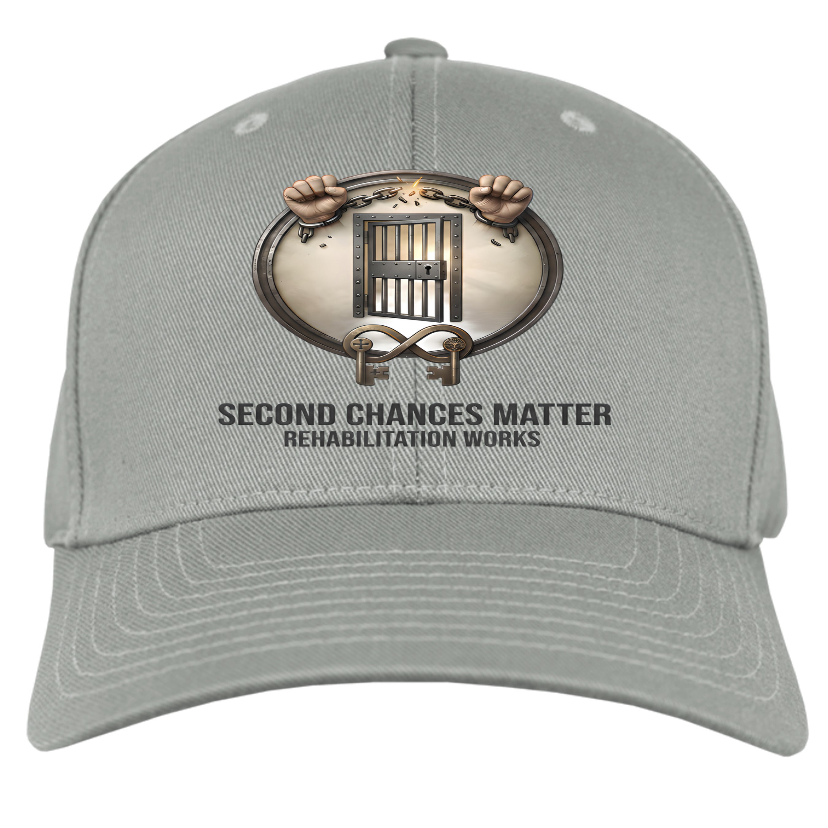 Gray six-panel fitted cap with prison reform message: Second Chances Matter logo, handcuffed fists and jail bars.