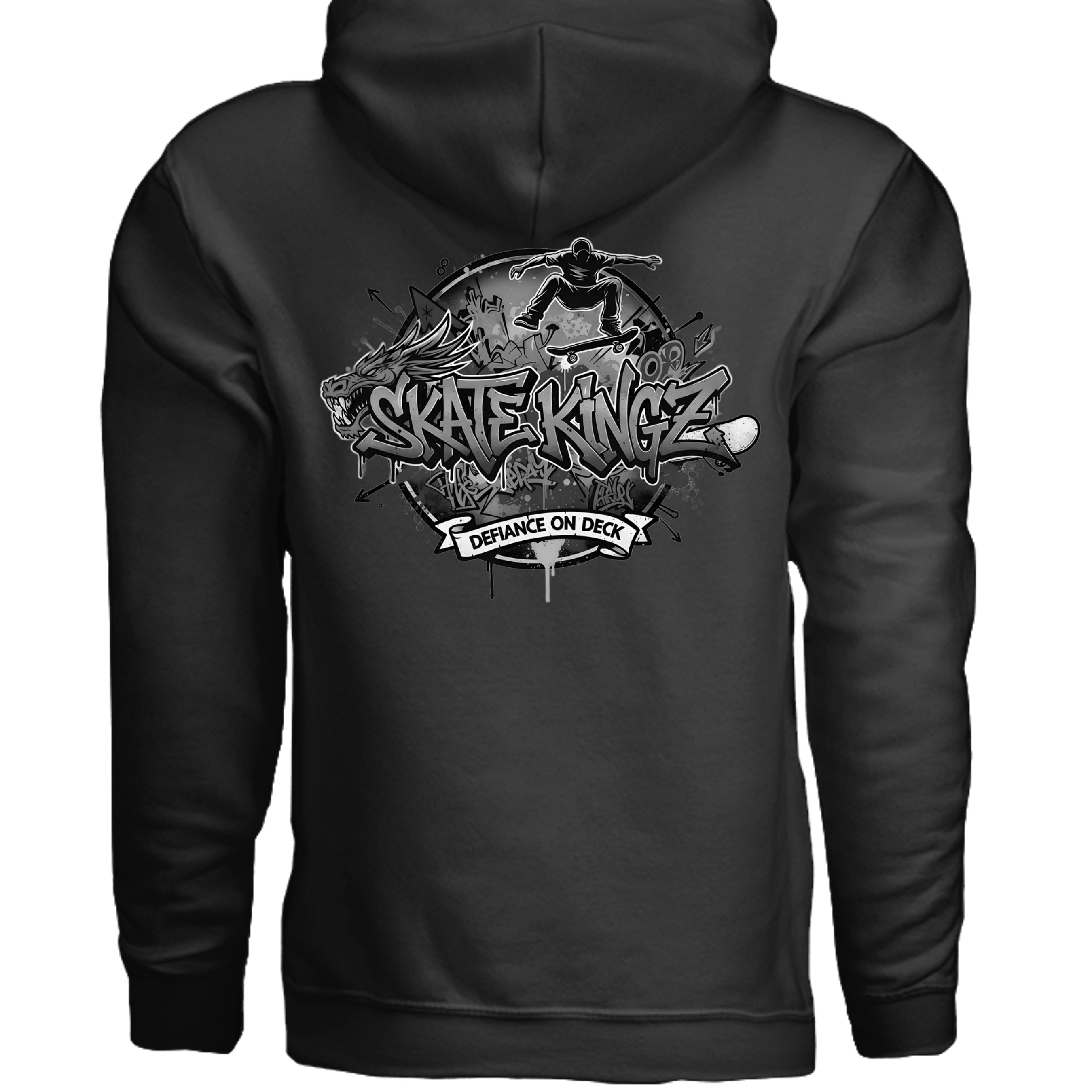 Skate Kingz graphic on back of black Gildan G185 Heavy Blend Hoodie, 8 oz, 50% cotton/50% polyester with pouch pocket.