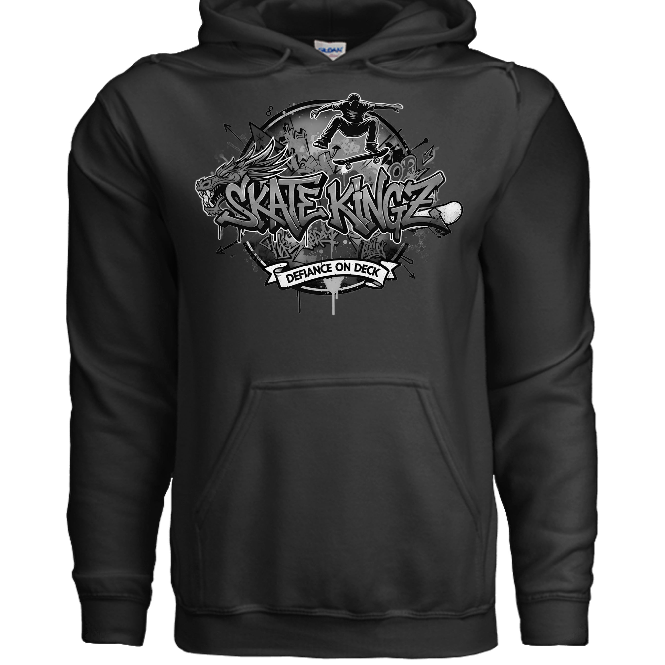 Skate Kings graphic on a black Gildan G185 Heavy Blend Hoodie, 8 oz 50/50 cotton-poly, with front pouch pocket