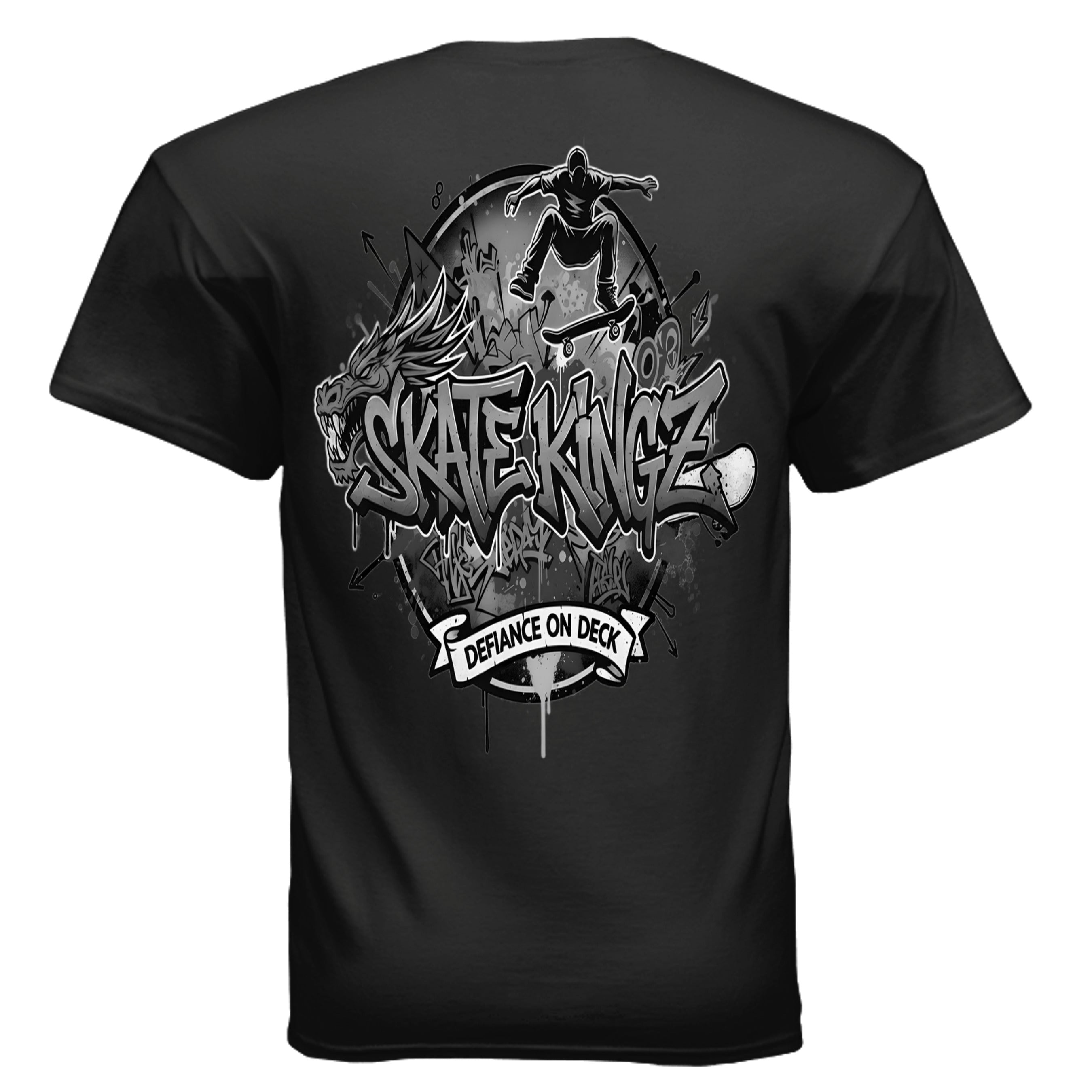 Black SkateKingz Gildan G200 Ultra Cotton 6oz USA-made tee with graffiti skateboard graphic and 'Defiance on Deck' banner.