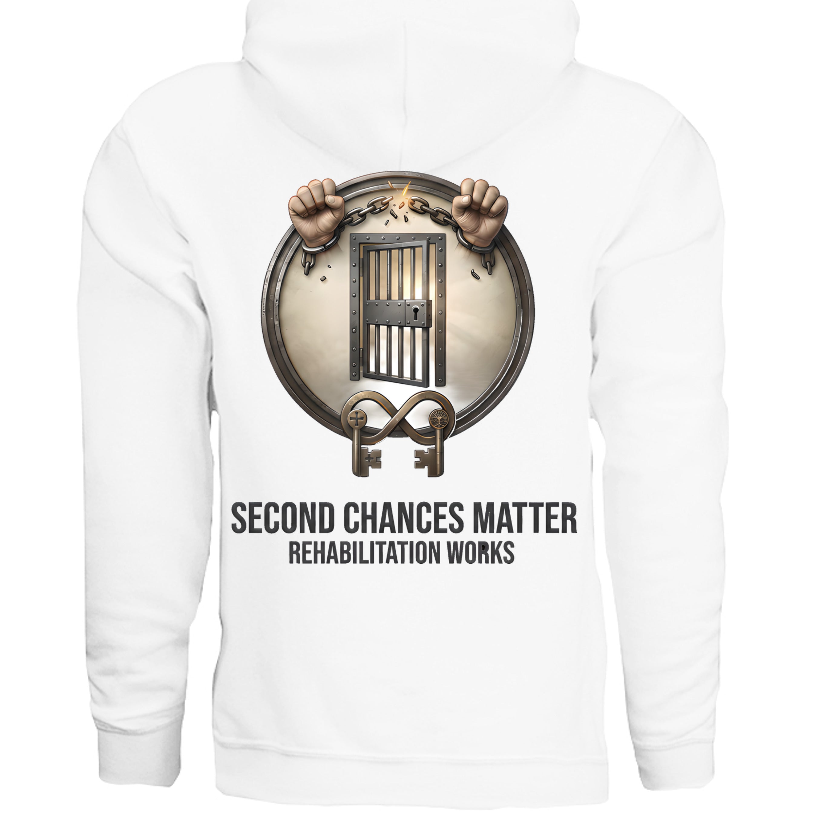 Second Chances Matter hoodie with circular badge: barred door, hands breaking chains, keys, rehabilitation works.