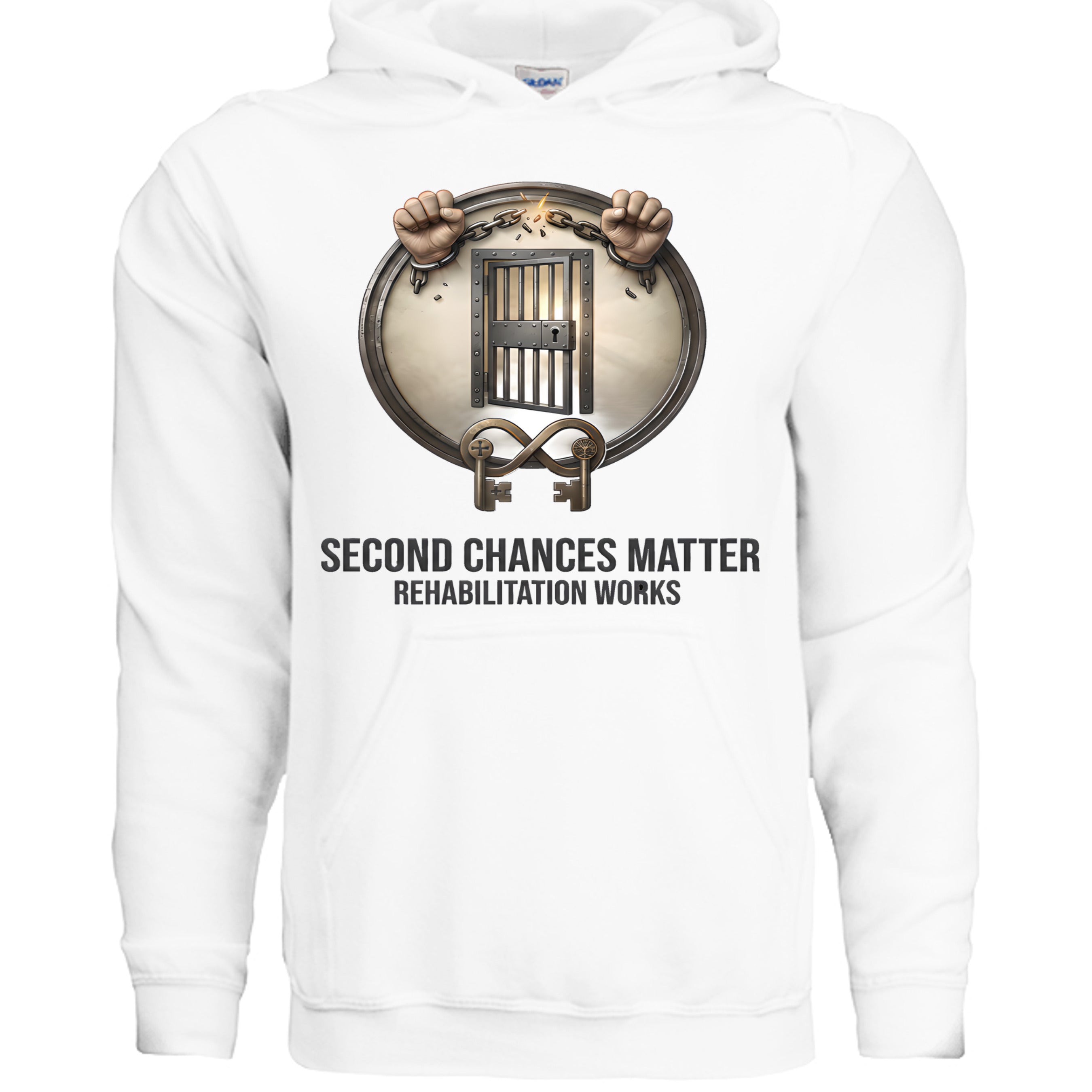 White hoodie with emblem of hands breaking chains, barred door and keys; reads Second Chances Matter.