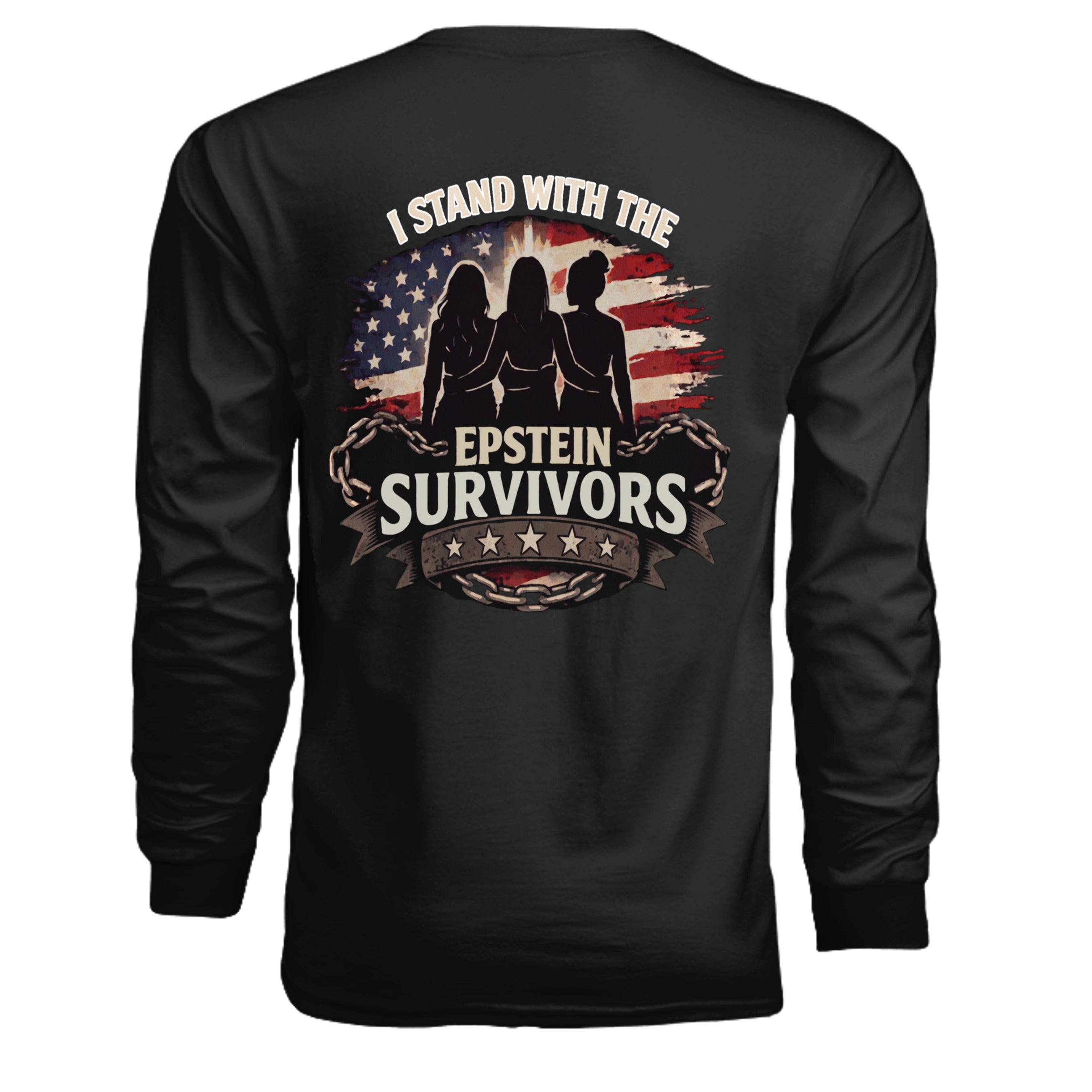 Back view of a black long-sleeve tee with silhouettes and a distressed American flag, I Stand With the Epstein Survivors