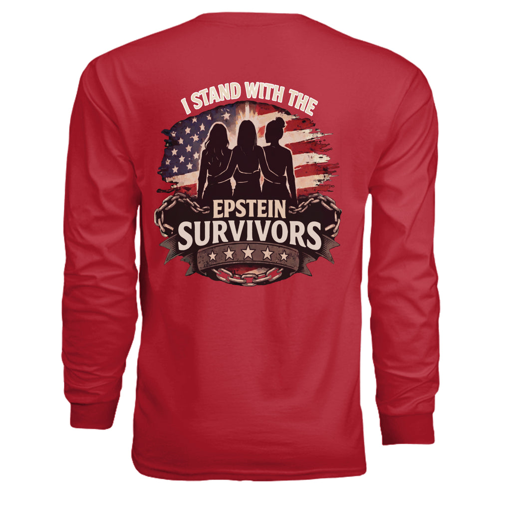 Red long-sleeve shirt back design reading I Stand With The Epstein Survivors with silhouetted figures and American flag