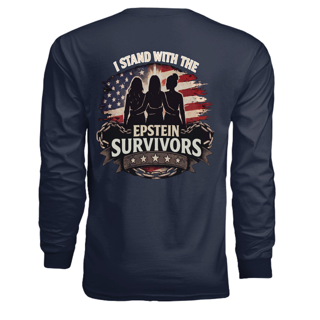 Navy long-sleeve tee with I Stand With the Epstein Survivors graphic - three silhouettes before a distressed flag.