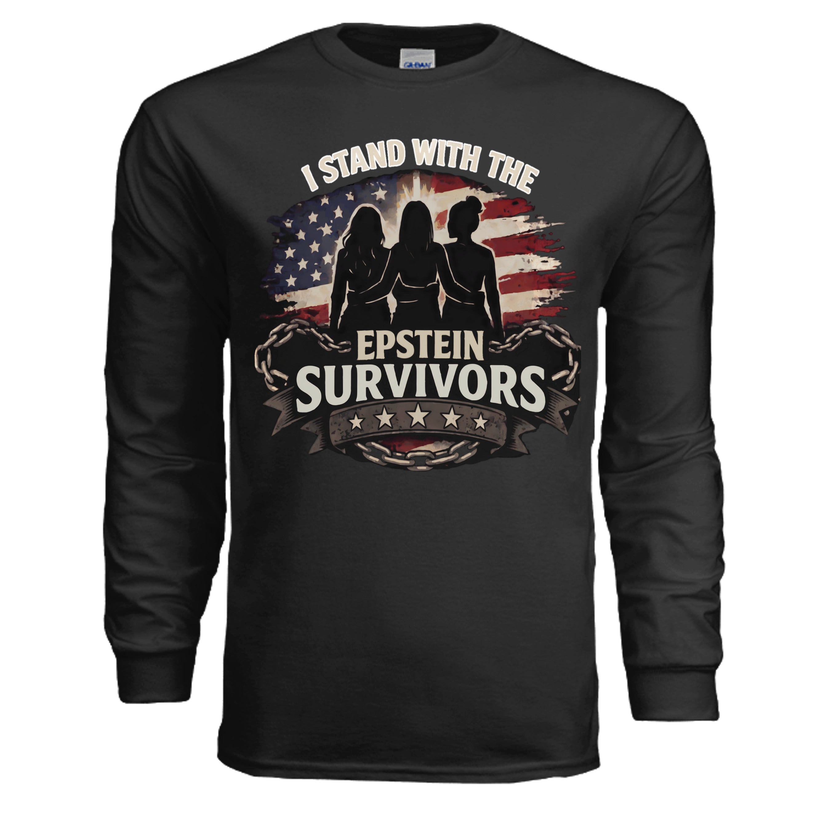 I Stand With The Epstein Survivors long sleeve shirt with three silhouetted figures and American flag background.