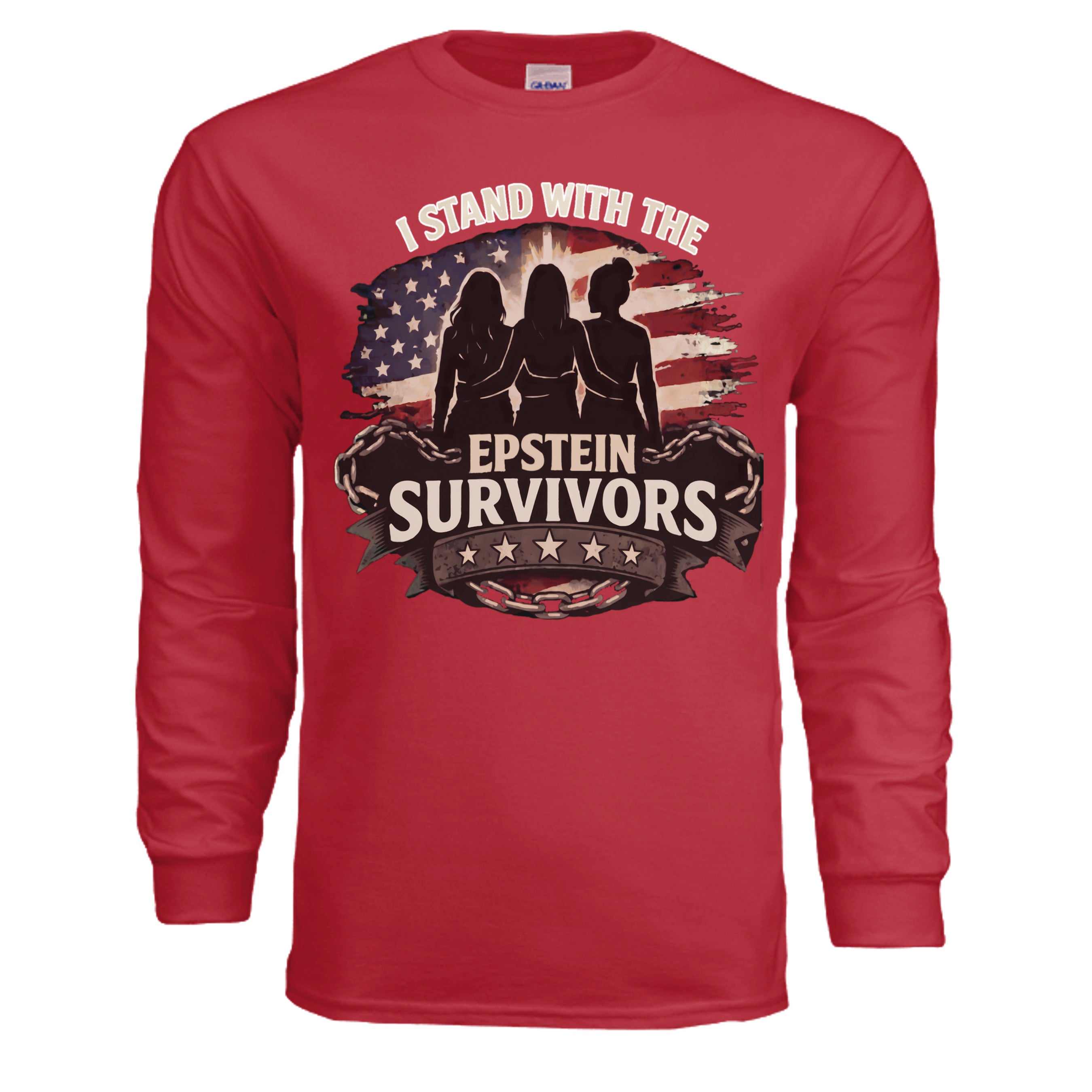 Red long-sleeve tee with I Stand With the Epstein Survivors and silhouettes against a distressed flag.