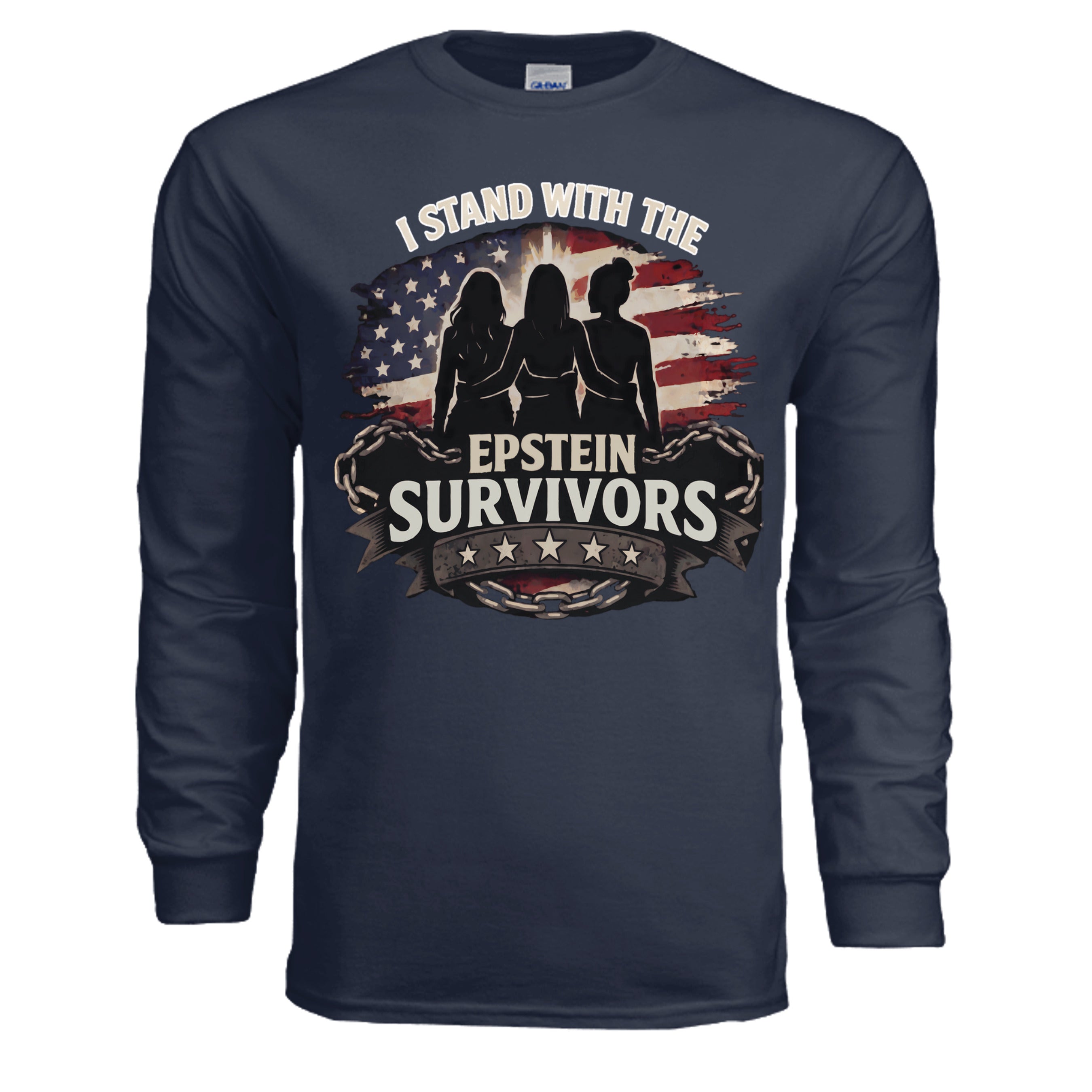 Navy long-sleeve shirt with 'I Stand With The Epstein Survivors' and silhouetted figures against an American flag.