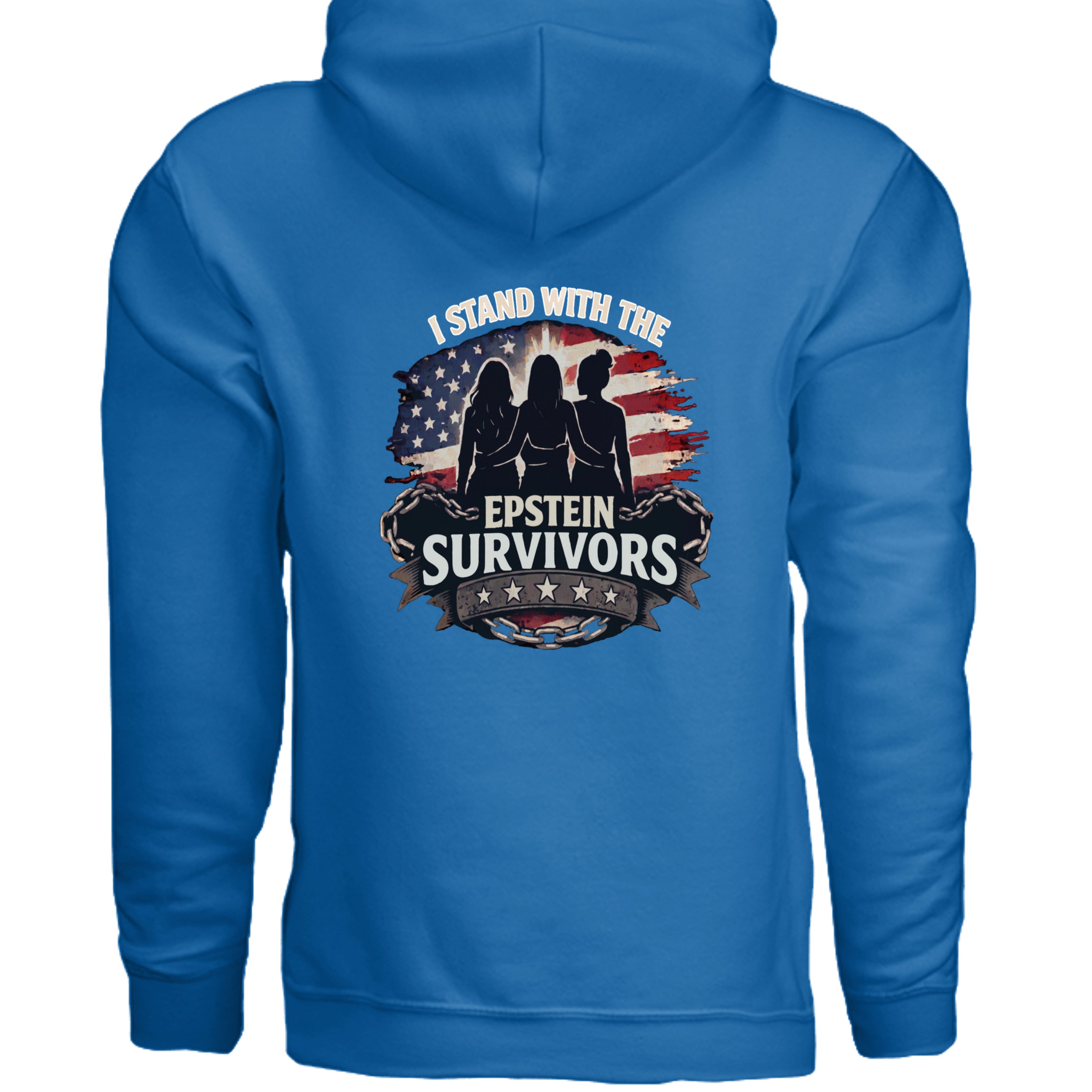 Blue heavyweight patriotic hoodie featuring I Stand with the Epstein Survivors and silhouettes.