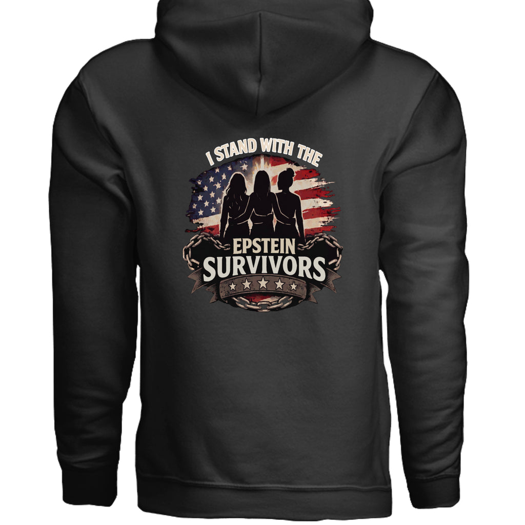 I Stand with the Epstein Survivors heavyweight hoodie featuring silhouettes and a U.S. flag design.