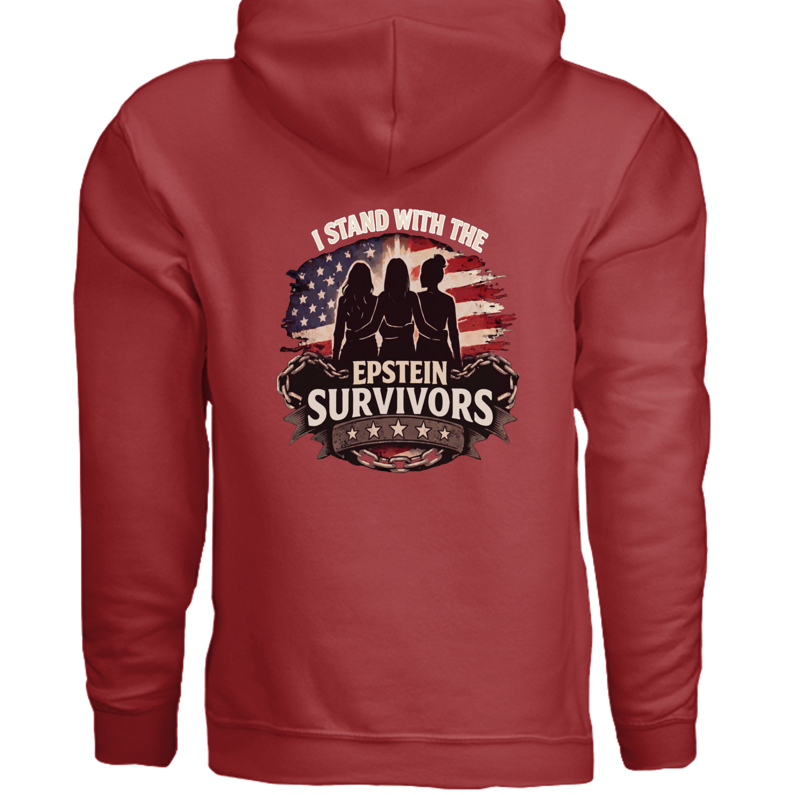 Red patriotic heavyweight hoodie featuring I Stand with the Epstein Survivors with silhouetted figures and American flag background.