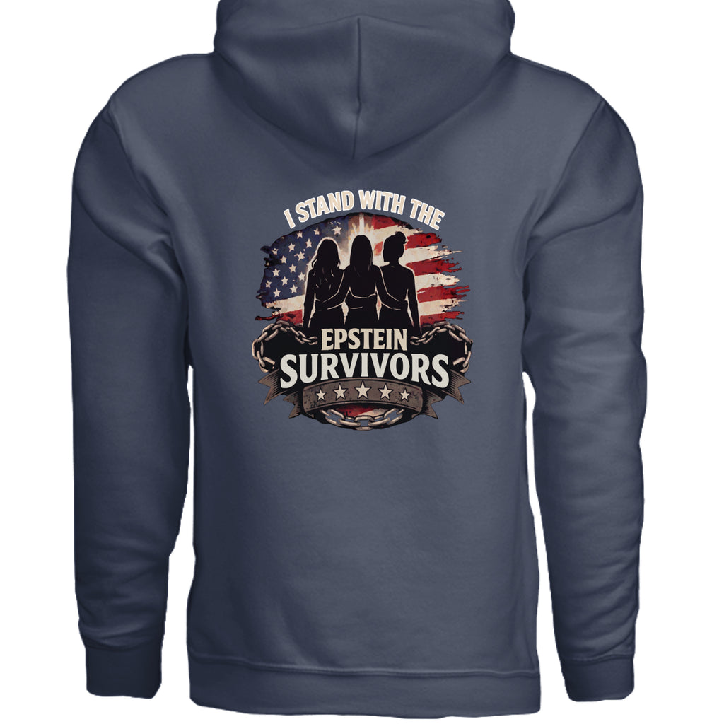 Navy hoodie with I Stand with the Epstein Survivors graphic and silhouetted figures against a flag background.