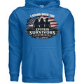 Blue heavyweight hoodie with patriotic graphic: I Stand With The Epstein Survivors, silhouettes before American flag.