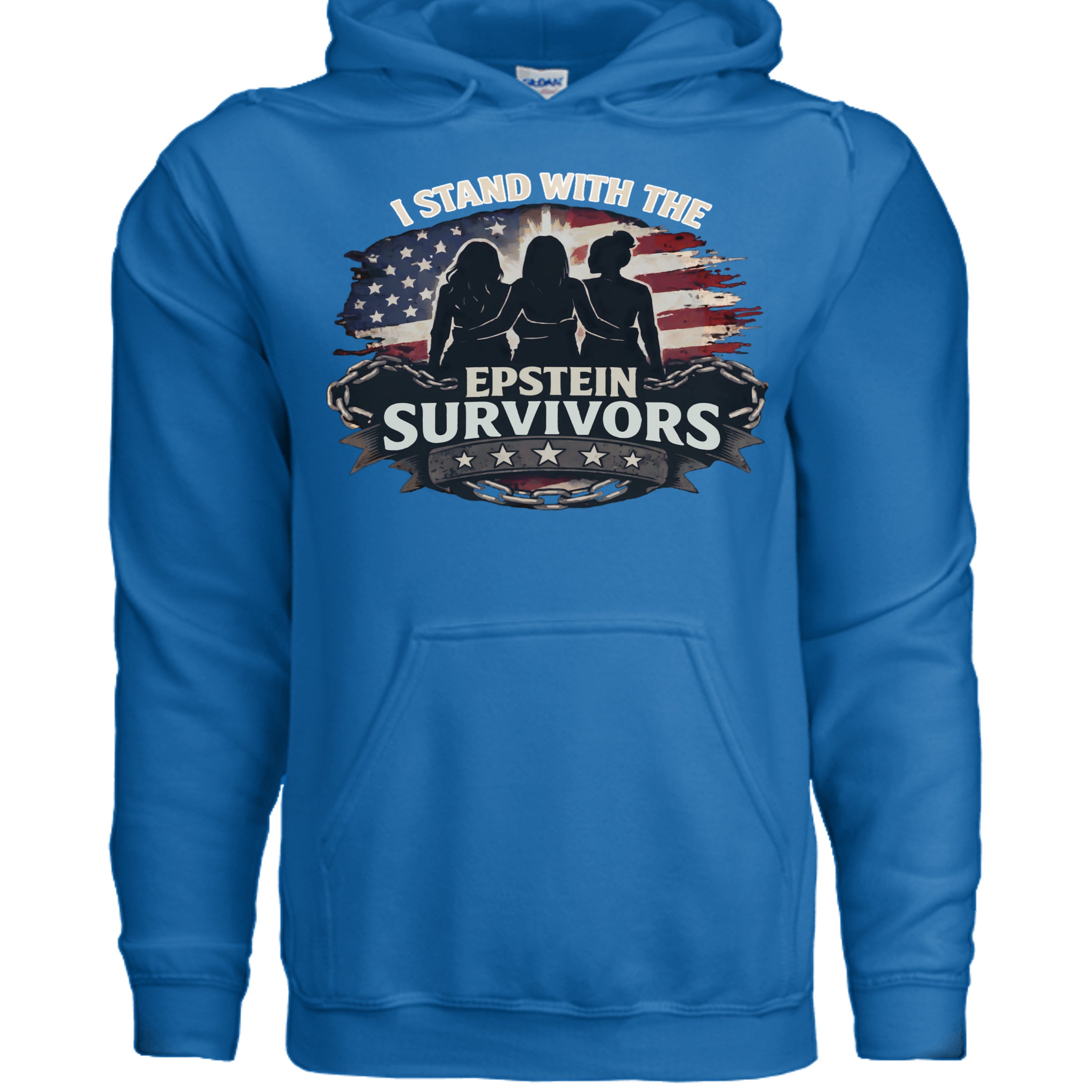 Blue heavyweight hoodie with patriotic graphic: I Stand With The Epstein Survivors, silhouettes before American flag.