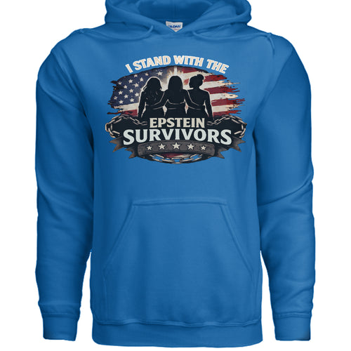 Blue heavyweight hoodie with patriotic graphic: I Stand With The Epstein Survivors, silhouettes before American flag.