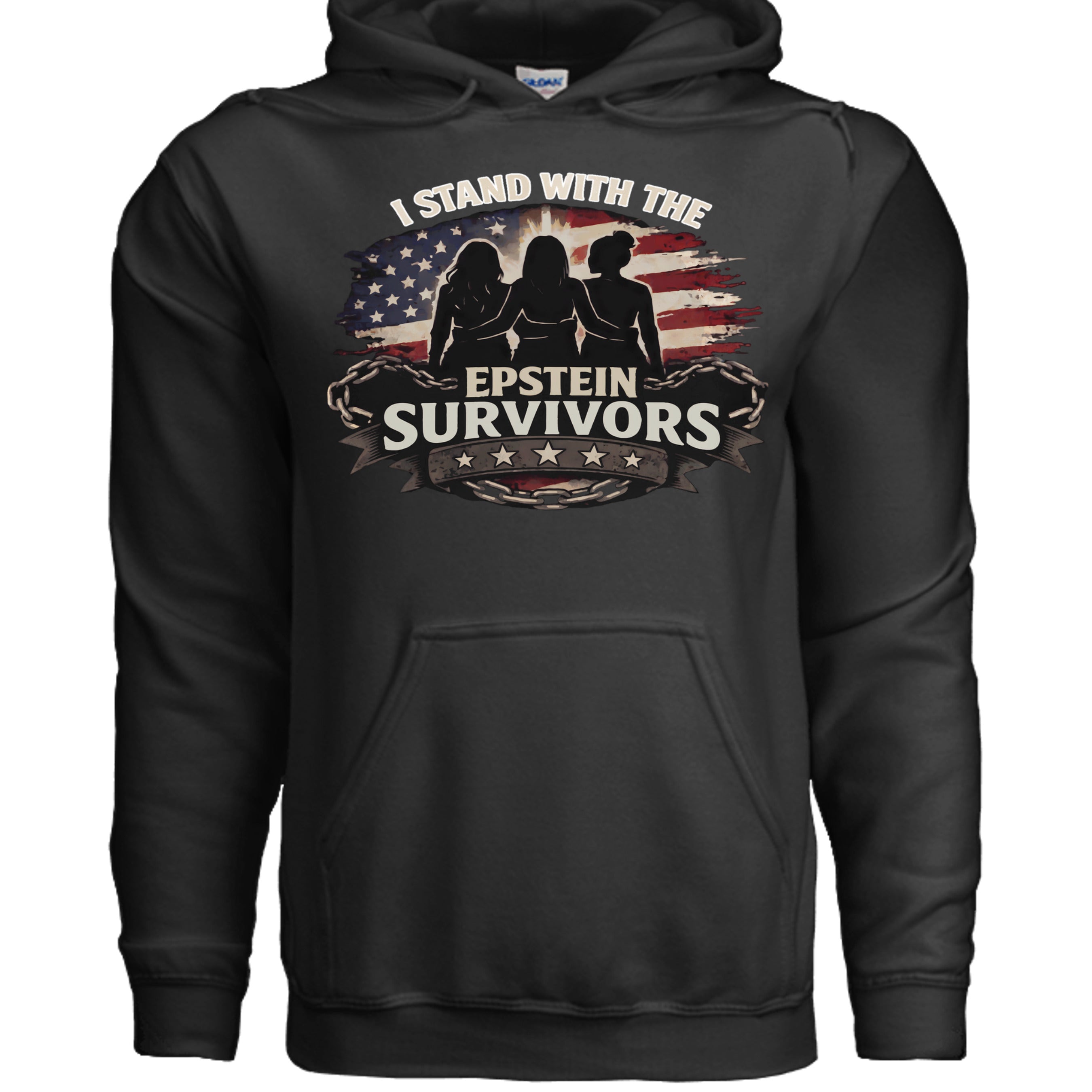 Patriotic heavyweight hoodie with I Stand with the Epstein Survivors graphic, American flag backdrop and silhouettes.