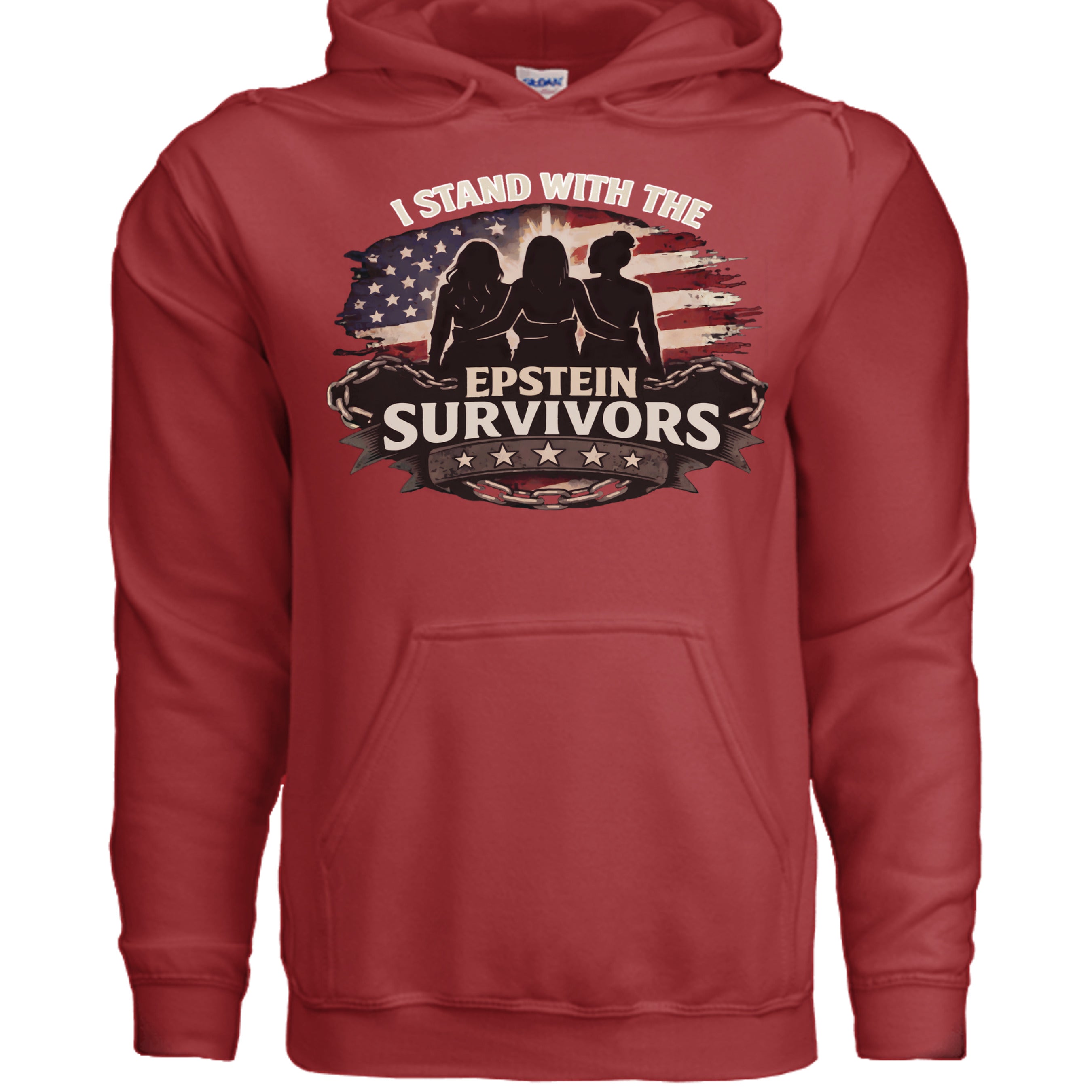 Red patriotic hoodie with 'I Stand with the Epstein Survivors' graphic, US flag backdrop, silhouettes.