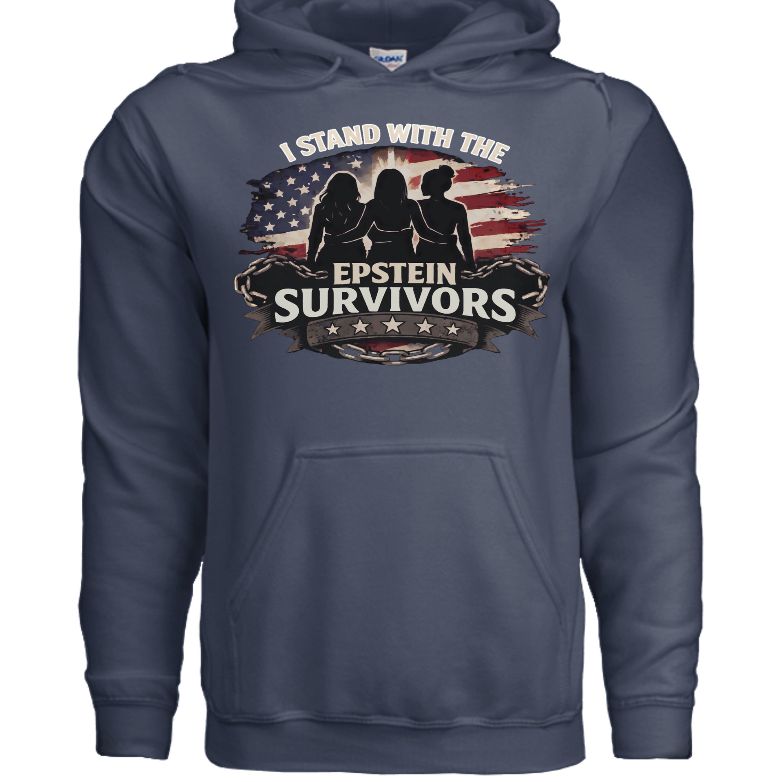 I Stand with the Epstein Survivors patriotic hoodie featuring American flag backdrop and three silhouetted figures.