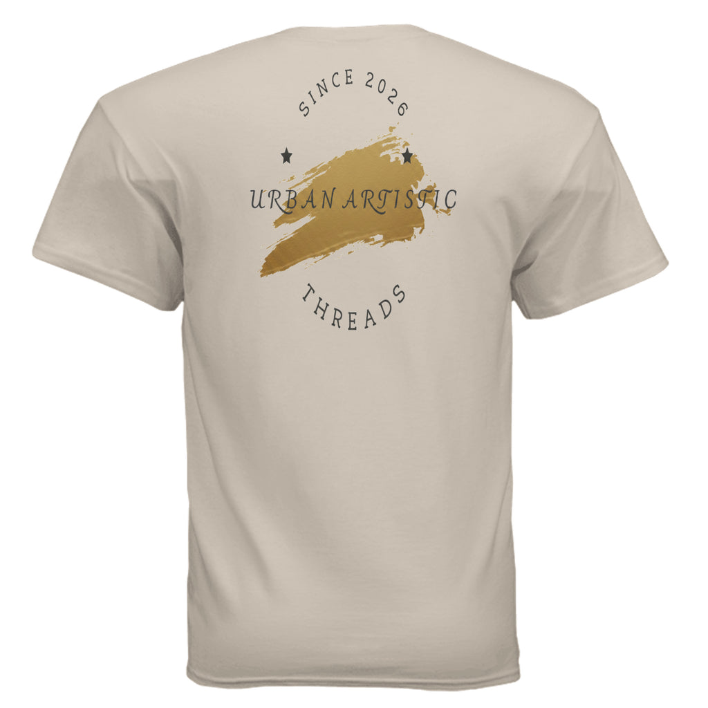 Beige Urban Artistic Signature Logo Tee with gold paint-stroke emblem and circular Since 2026 text