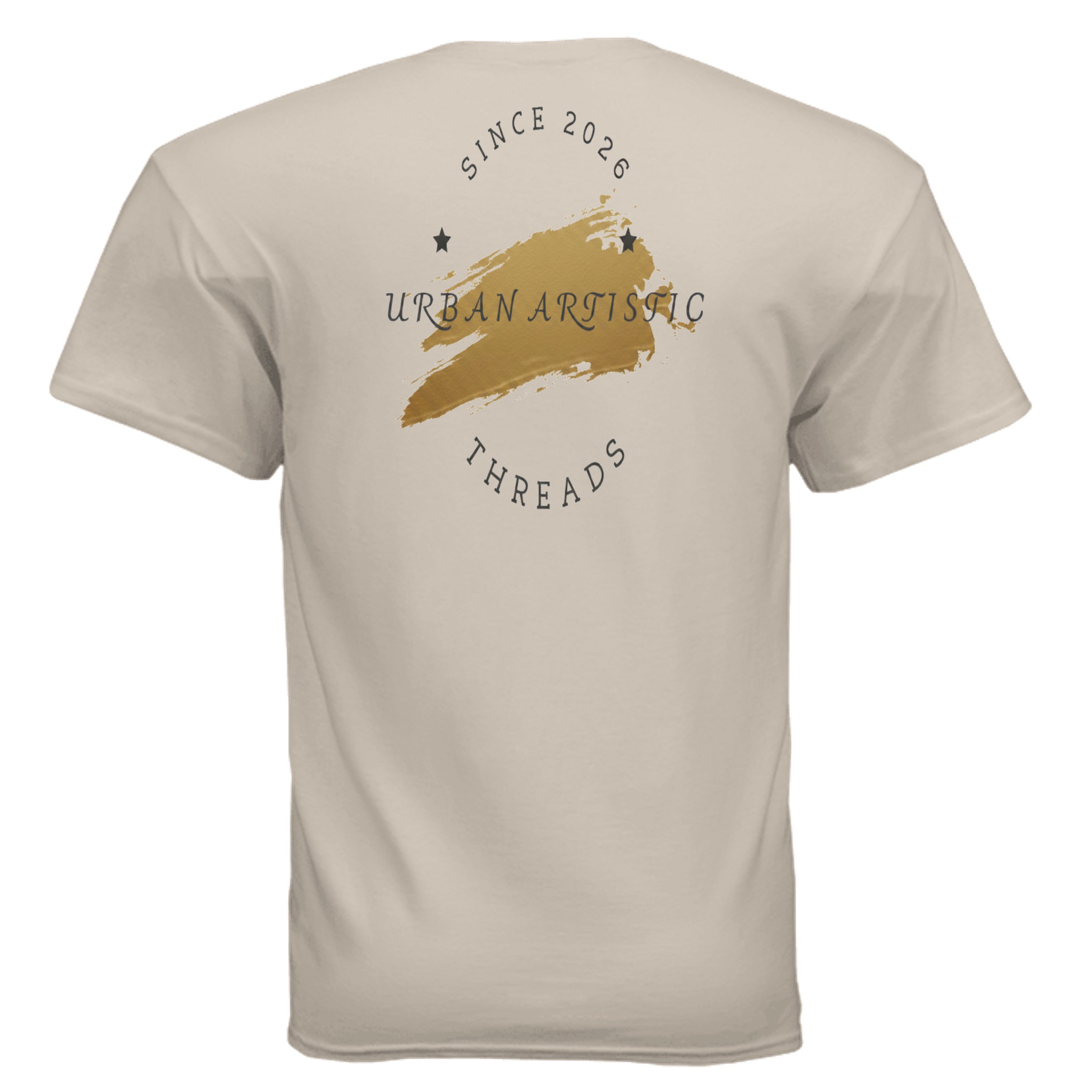 Beige Urban Artistic Signature Logo Tee with gold paint-stroke emblem and circular Since 2026 text