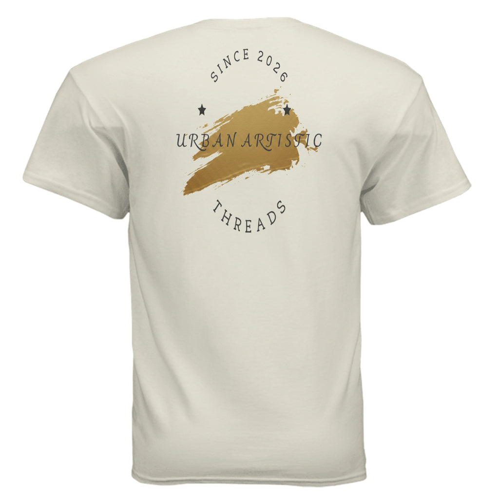 Urban Artistic Signature Logo Tee back view with gold paint-stroke emblem, circular Since 2026, Urban Artistic text.
