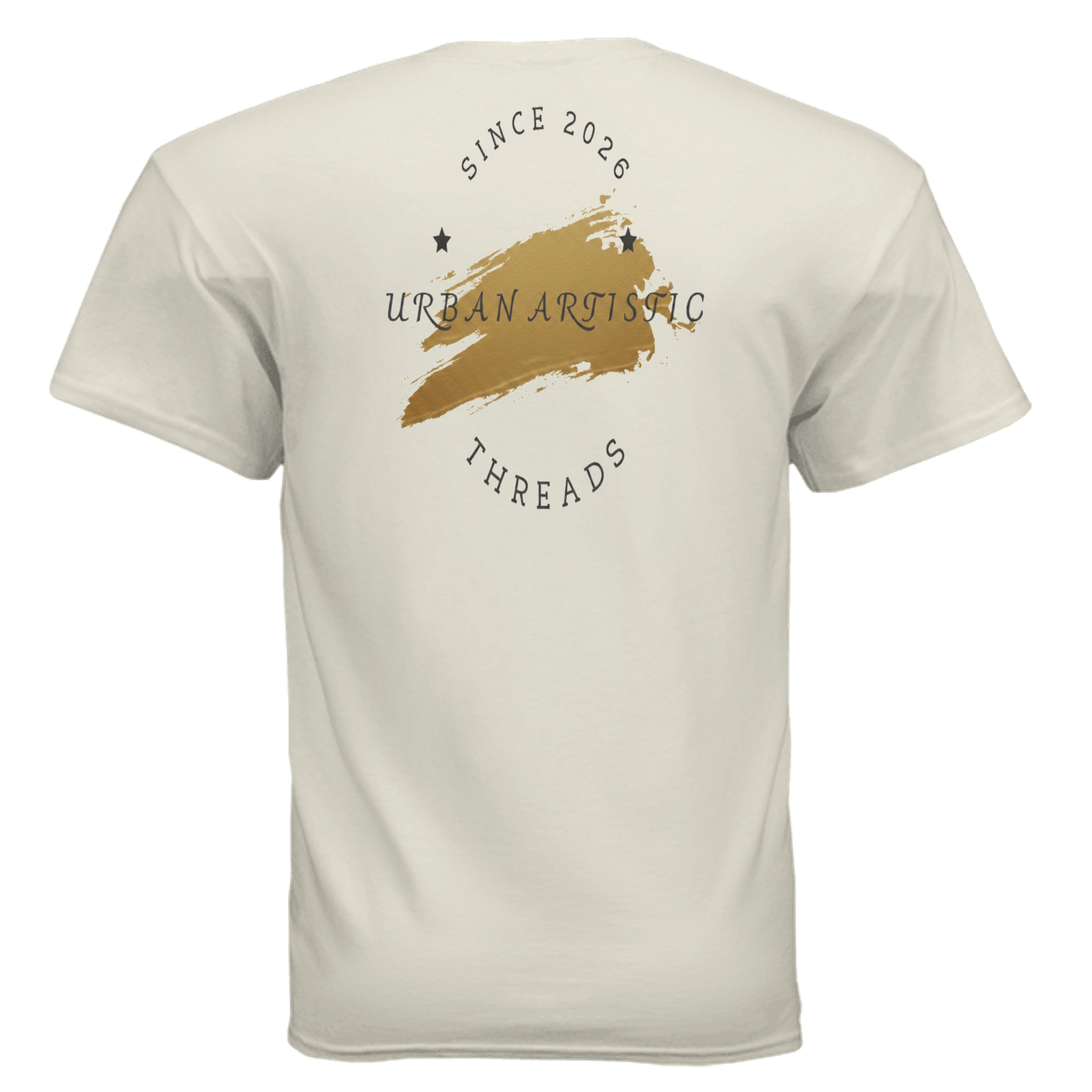 Urban Artistic Signature Logo Tee back view with gold paint-stroke emblem, circular Since 2026, Urban Artistic text.
