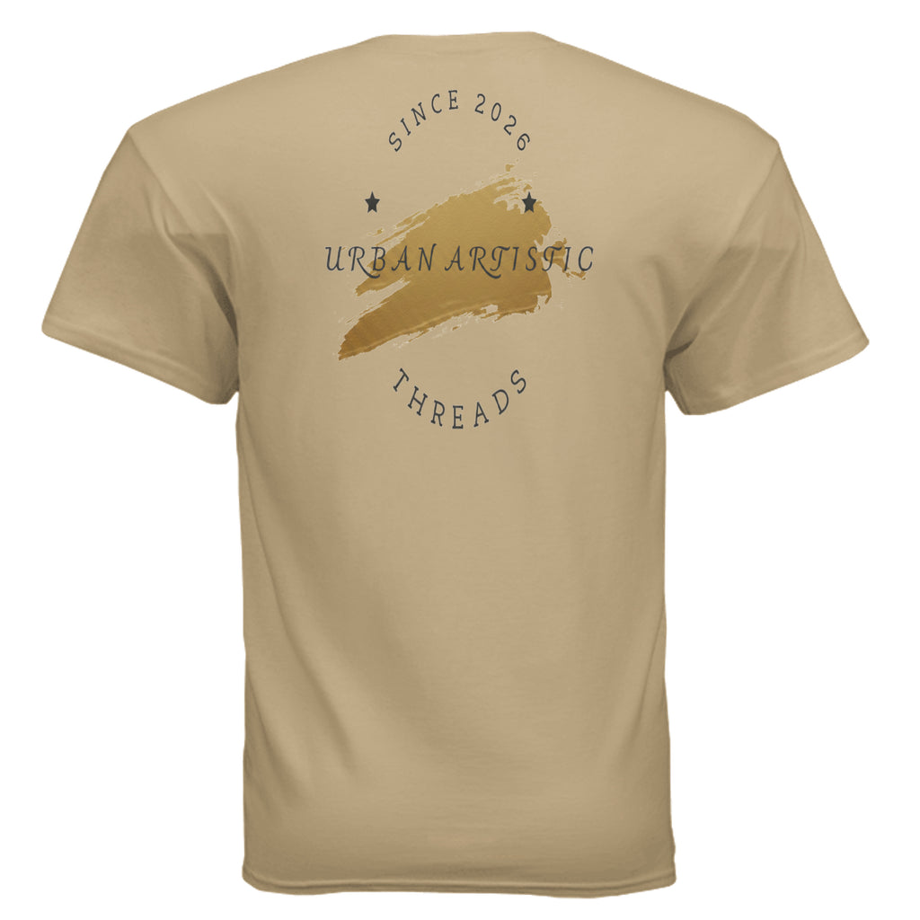 Urban Artistic Signature Logo Tee back view with gold brush stroke, stars and circular Since 2026 text.
