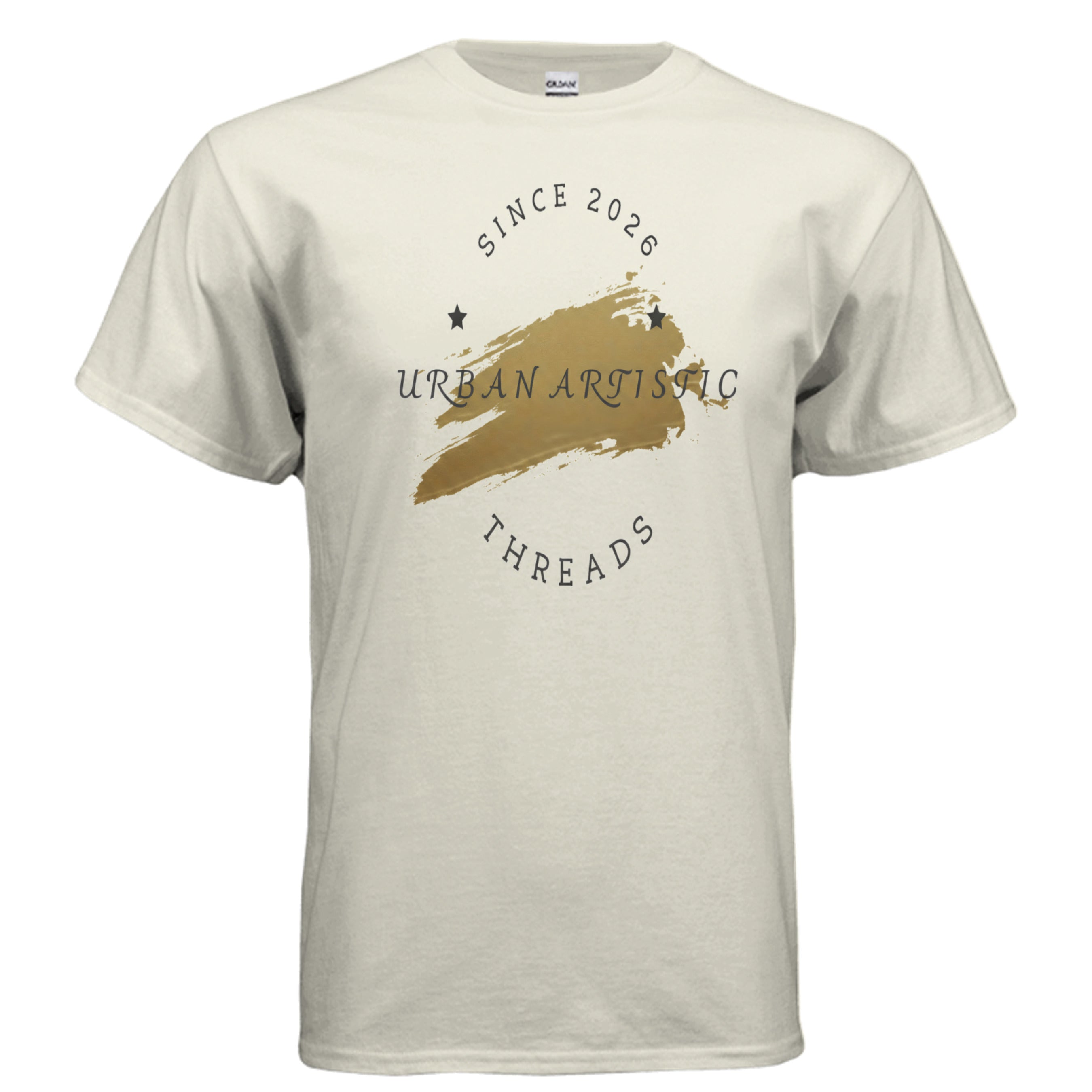 Urban Artistic Signature Logo Tee with gold paint-stroke emblem and circular text design.
