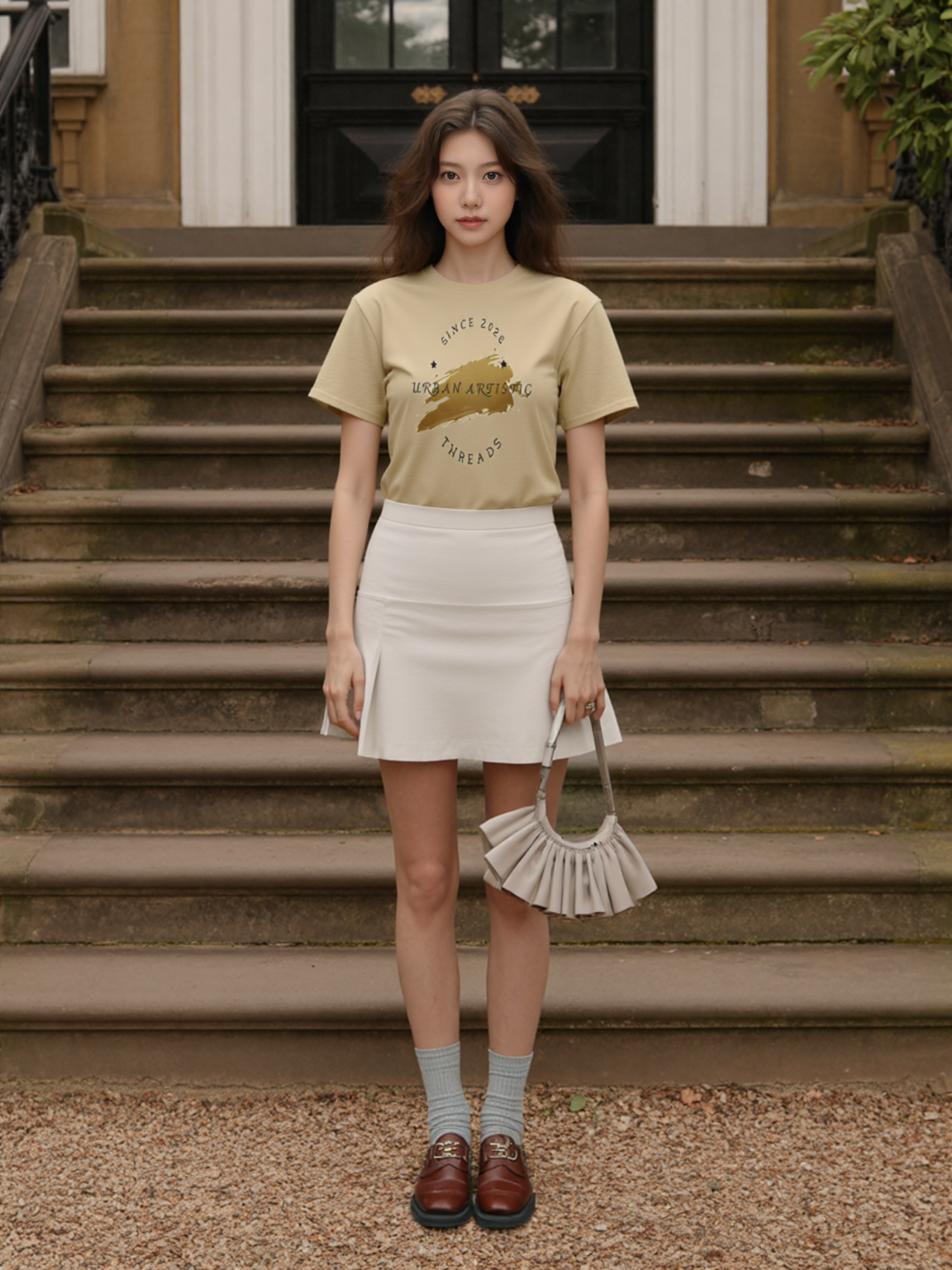 Urban Artistic Signature Logo Tee worn by a woman on steps; beige tee with 2026 paint-stroke emblem.