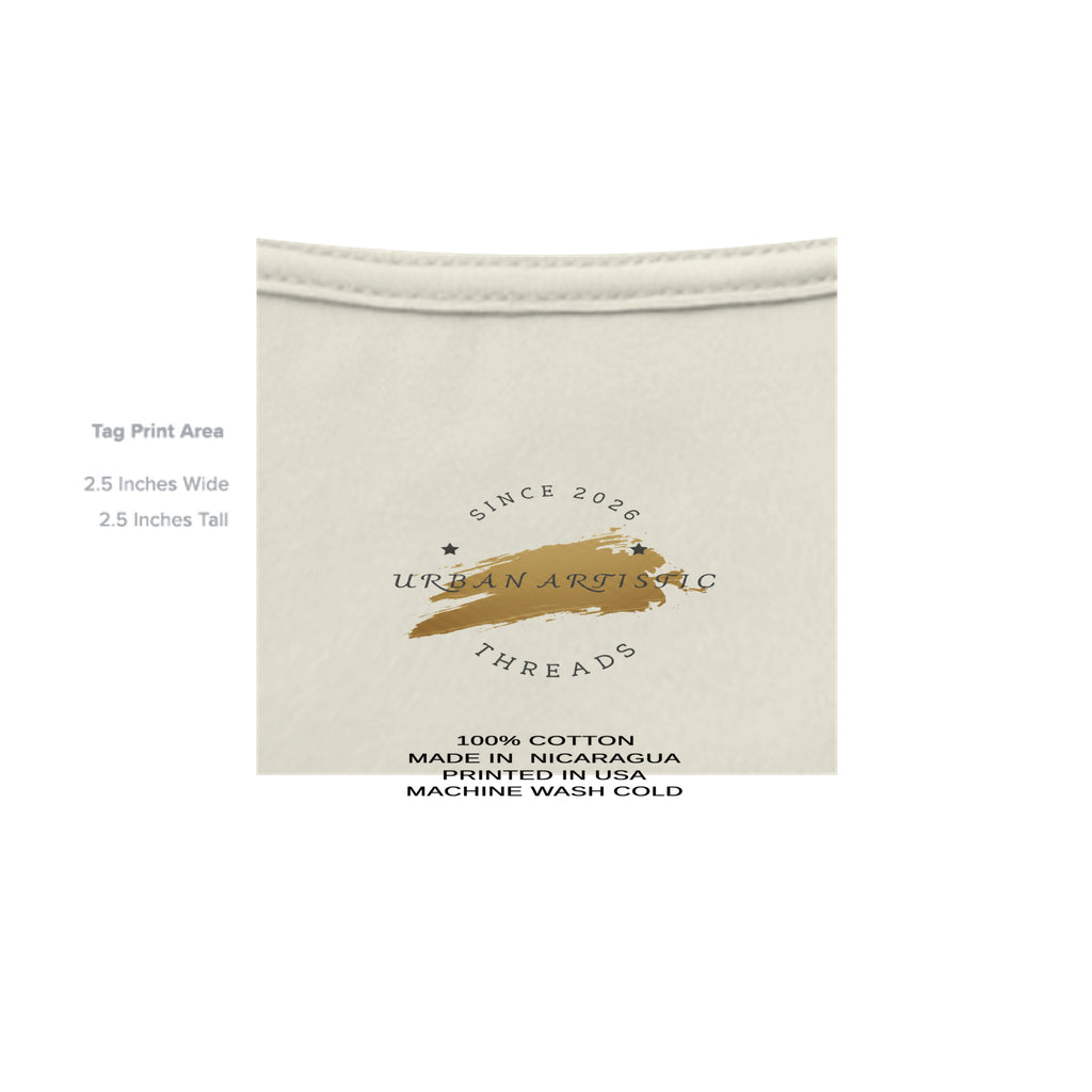 Urban Artistic Signature Logo Tee tag featuring paint-stroke emblem and care instructions.