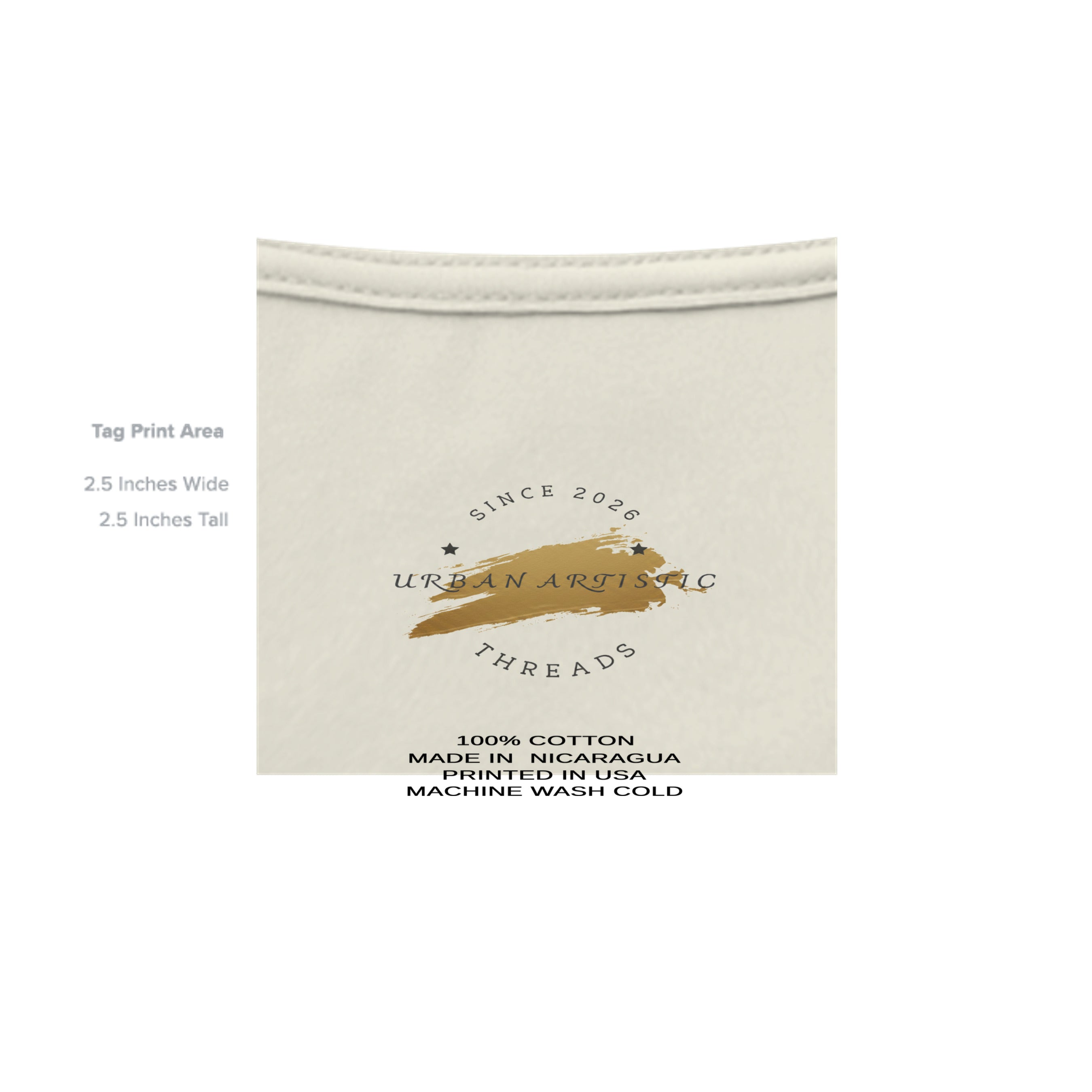 Urban Artistic Signature Logo Tee tag featuring paint-stroke emblem and care instructions.