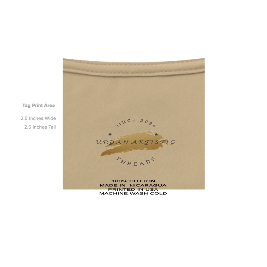 Urban Artistic Signature Logo Tee packaging with paint-stroke emblem; 100% cotton, Made in Nicaragua, printed in USA