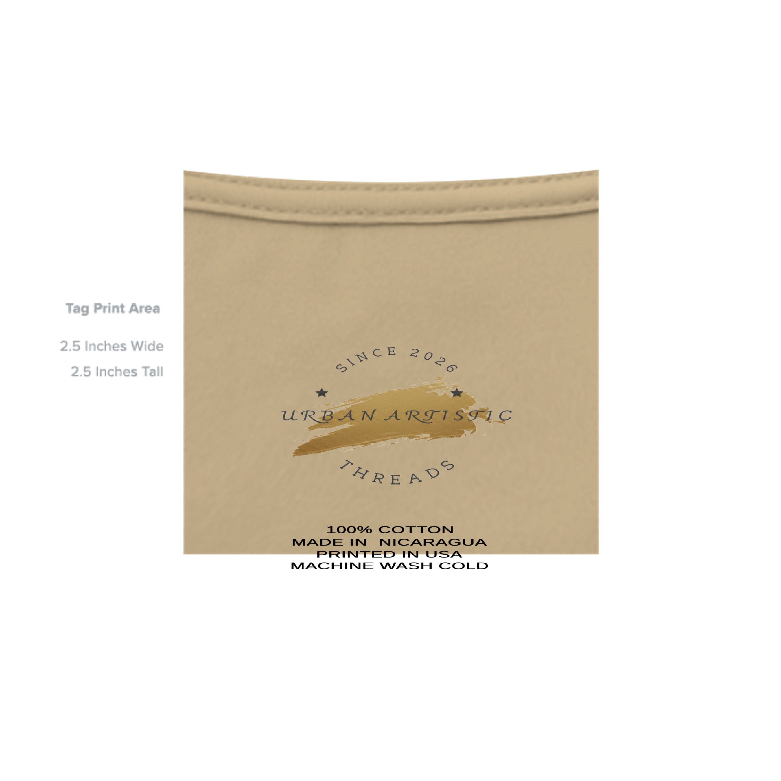 Urban Artistic Signature Logo Tee packaging with paint-stroke emblem; 100% cotton, Made in Nicaragua, printed in USA