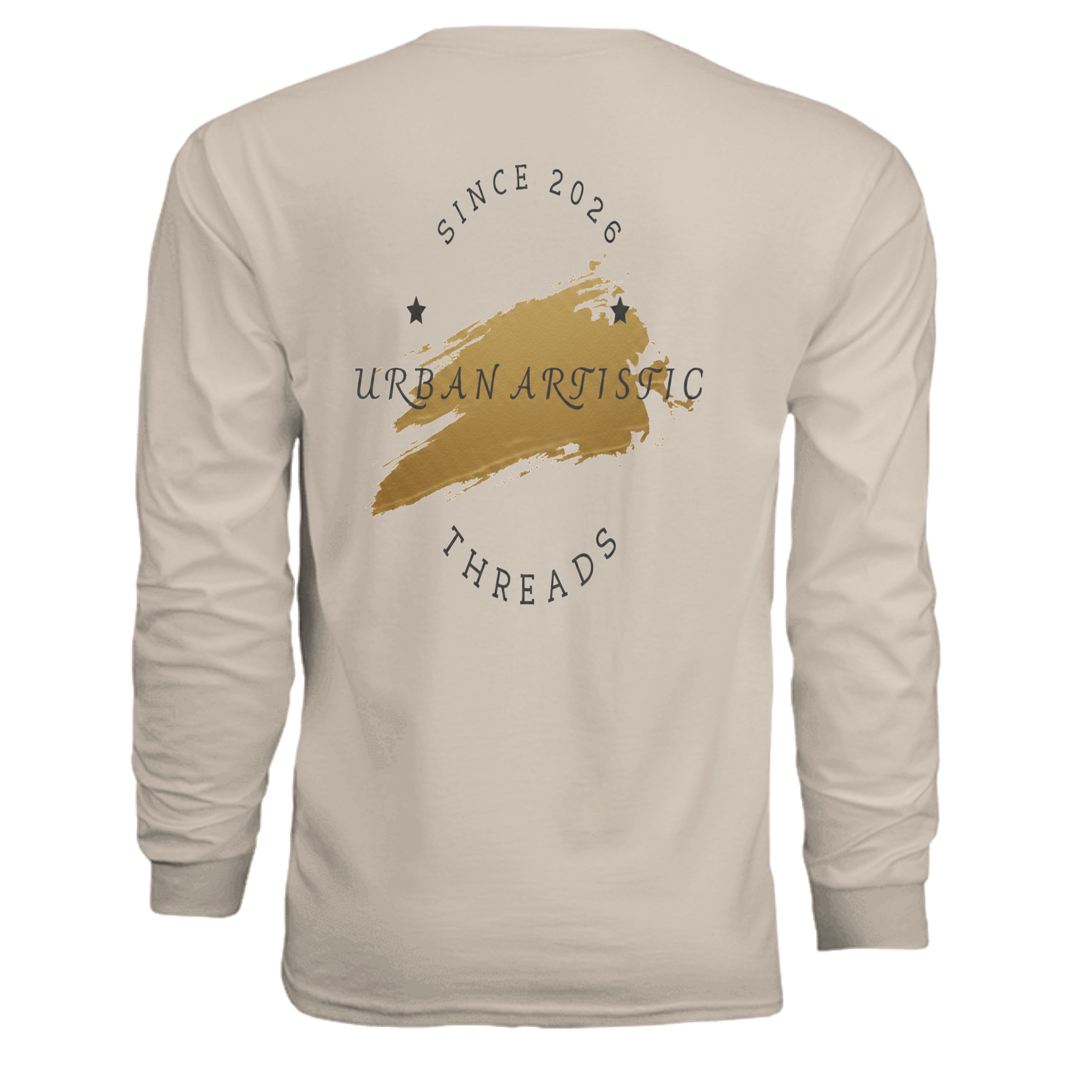 Back view of beige Urban Artistic Threads Signature Logo Long Sleeve Tee with gold brush stroke and stars.