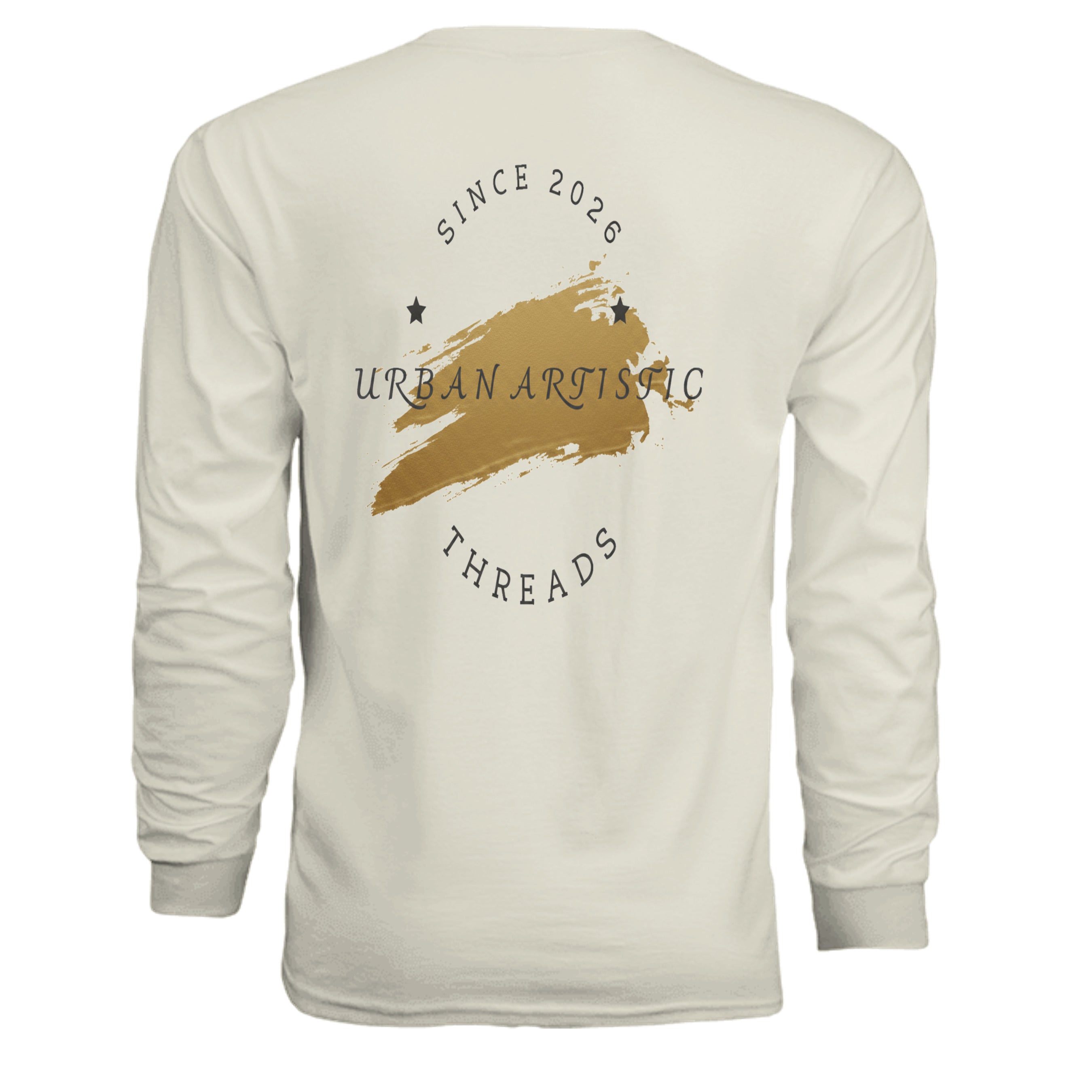 Urban Artistic Threads: Signature Logo Long Sleeve Tee back view with gold brush stroke, circular SINCE 2026, stars.